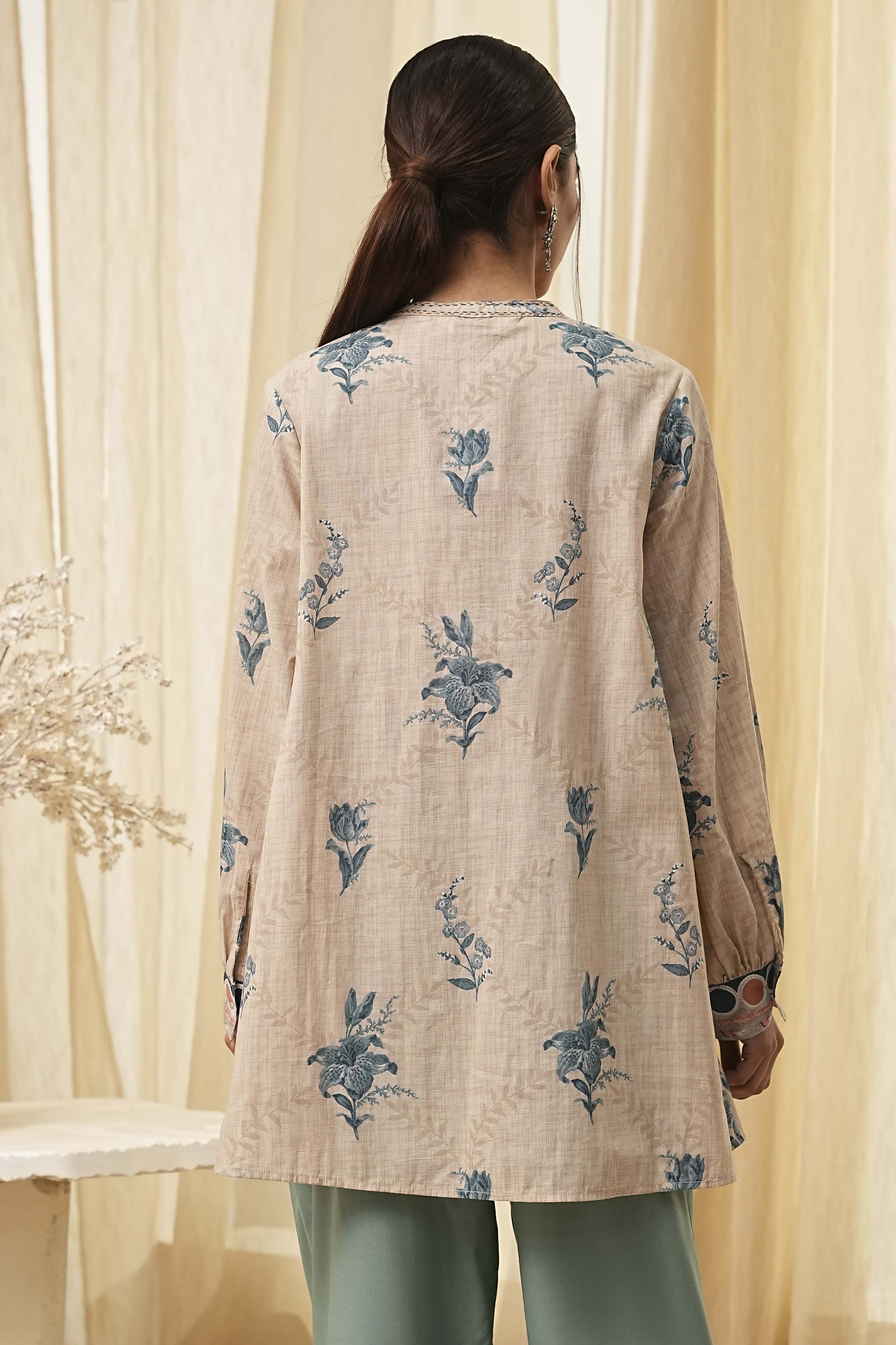 Beige Pure Cotton Shirt-Style A-Line Short Kurta image number 3