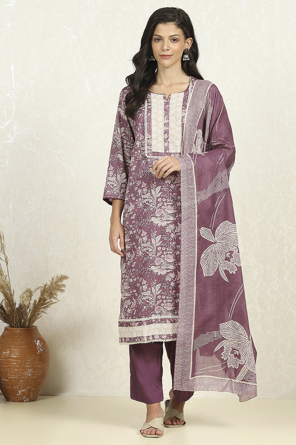 Purple Cotton Unstitched Suit Set image number 7