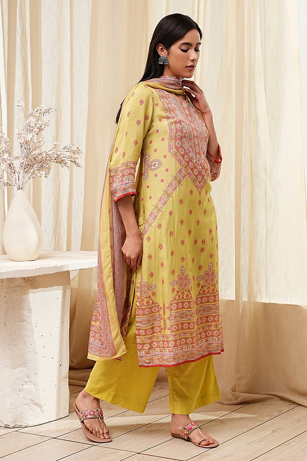 Green Modal Printed Straight Suit Set image number 5