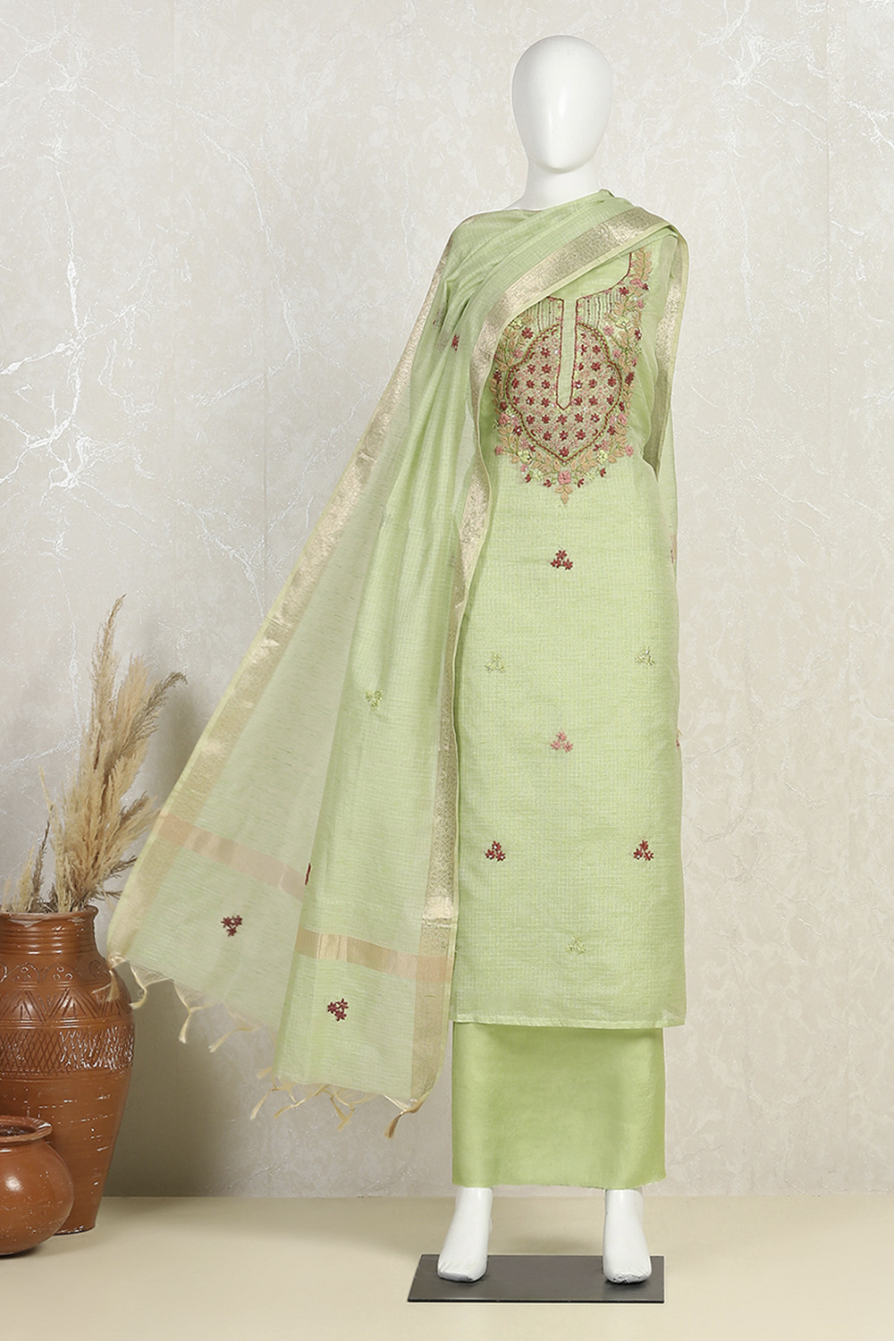 Pista Green Silk Blend Hand Embroidered Unstitched Suit Set image number 4