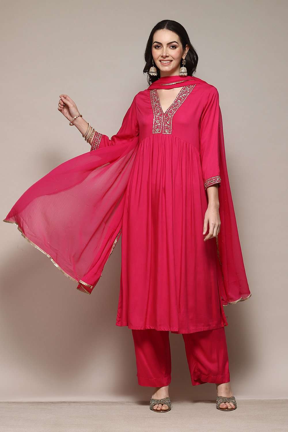 Fuchsia LIVA Gathered Kurta Palazzo Suit Set image number 0