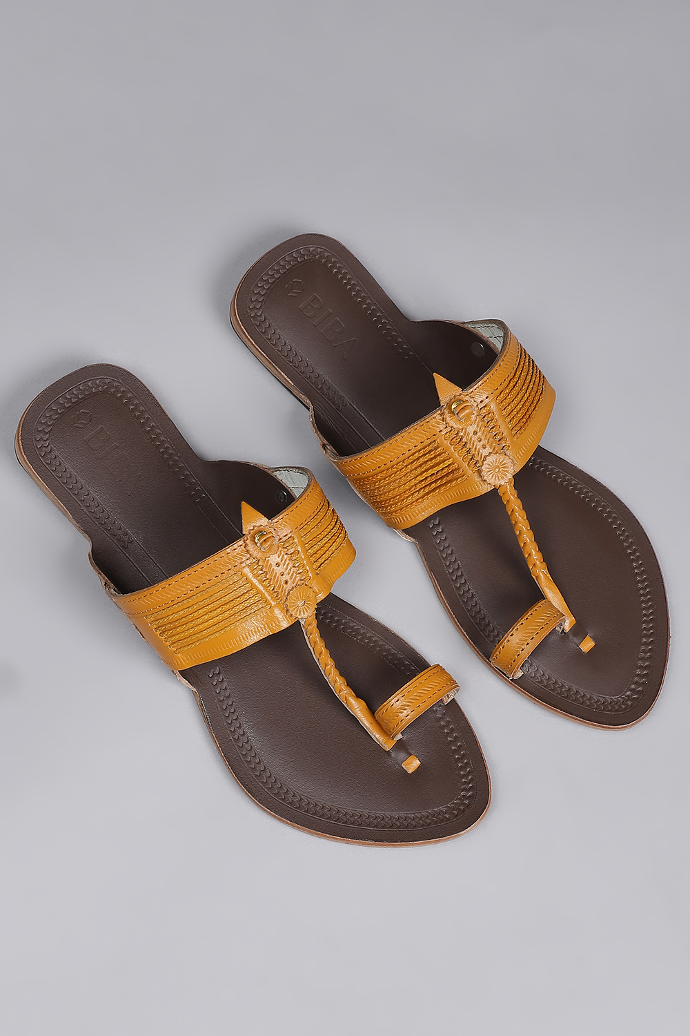 Mustard Yellow & Dark Brown Leather Kolhapuri Sandals image number 2
