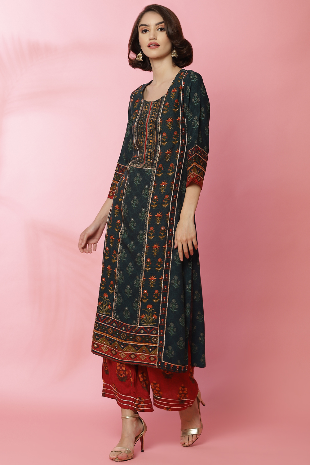 Teal Green LIVA Straight Printed Kurta image number 3