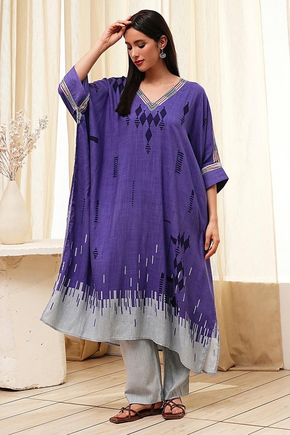Blue Printed Kaftan-Style Kurta Set image number 3