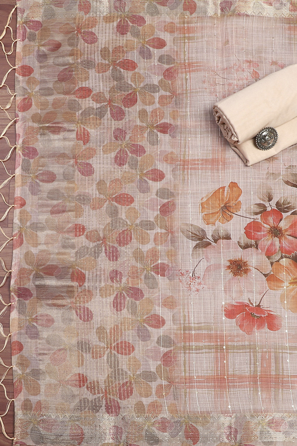 Peach Cotton Blend Unstitched Suit Set image number 2