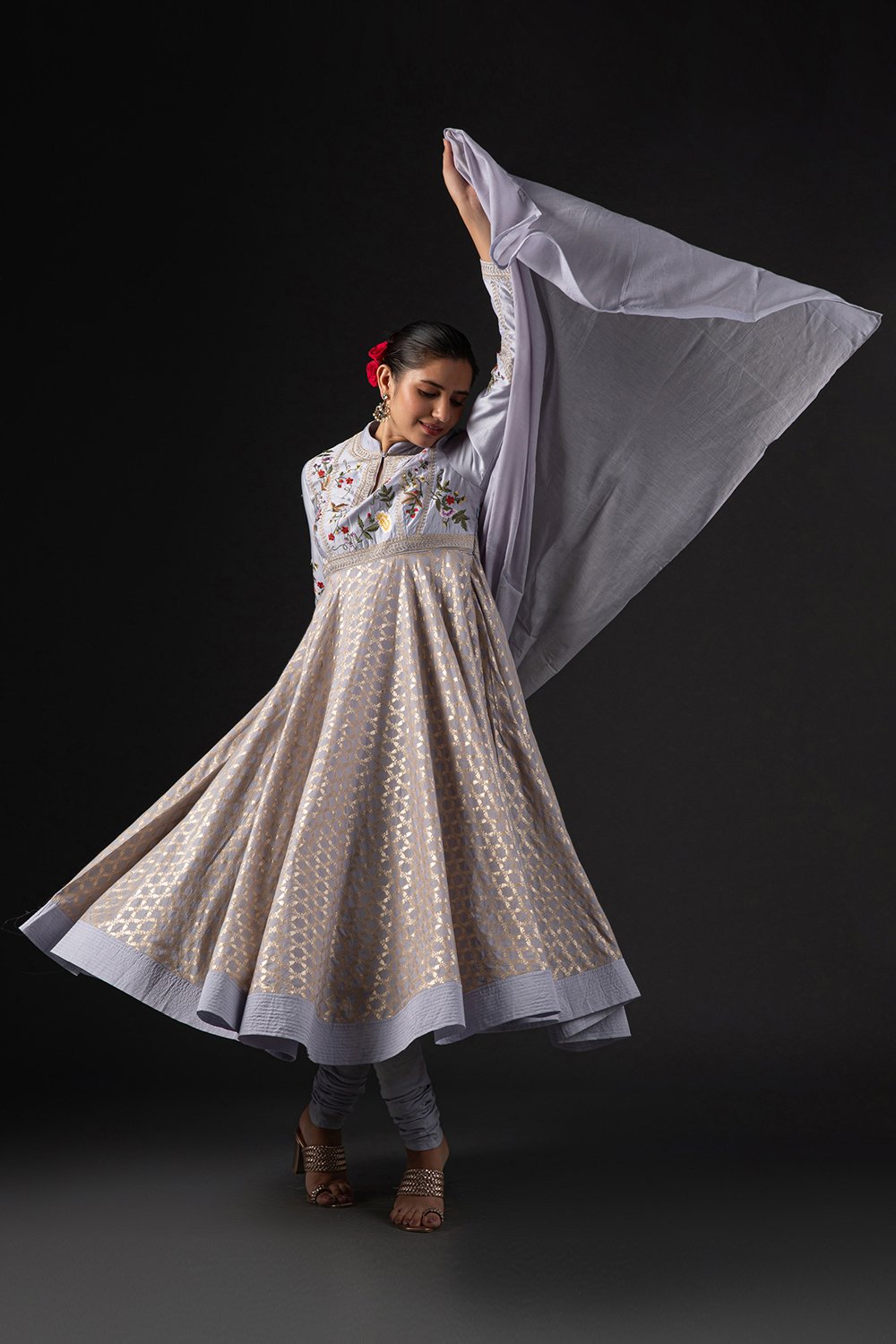 Rohit Bal Blue Cotton Silk Anarkali Embroidered Suit Set image number 8