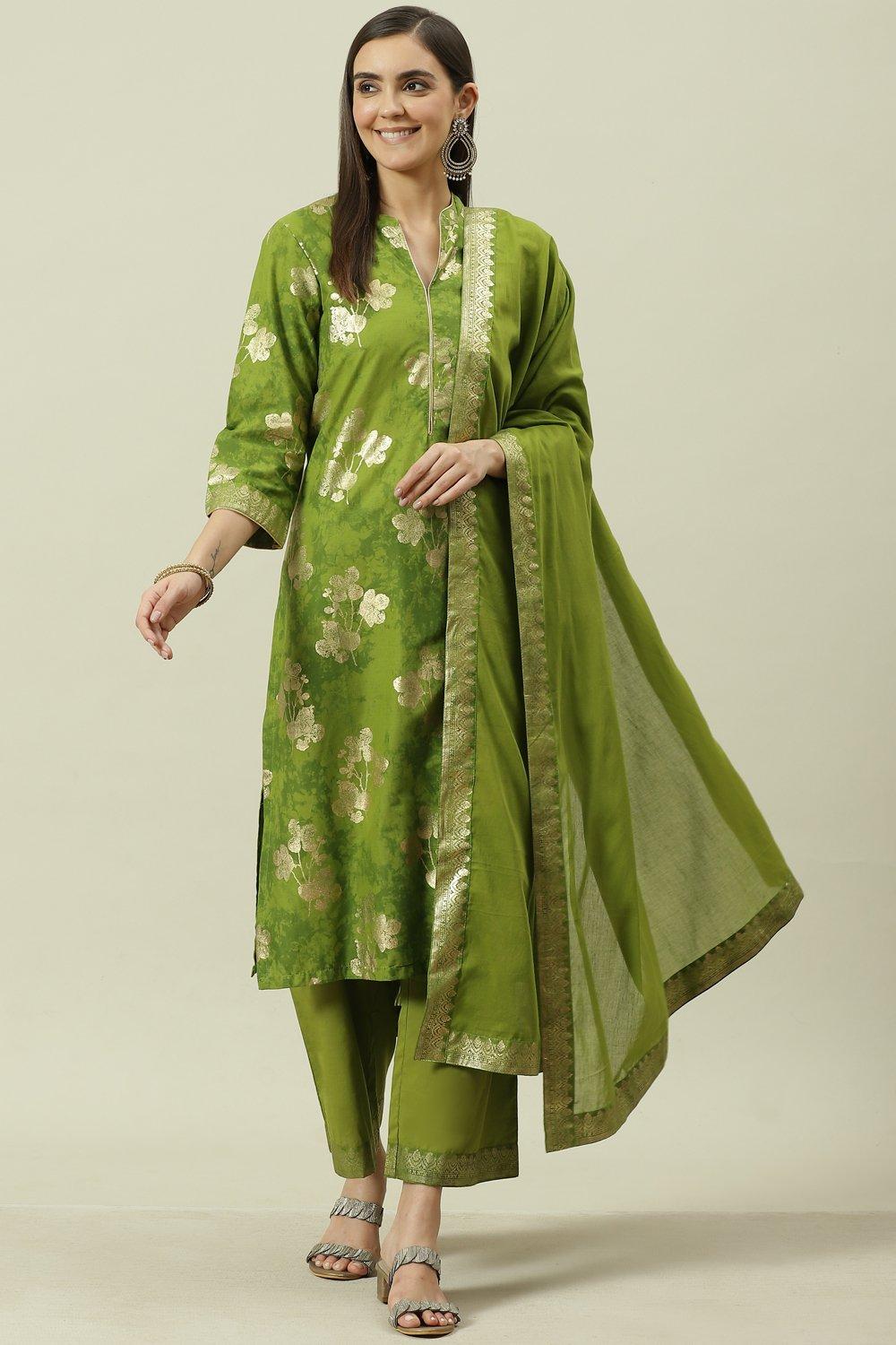 Mehndi Cotton Straight Kurta Palazzo Suit Set image number 1
