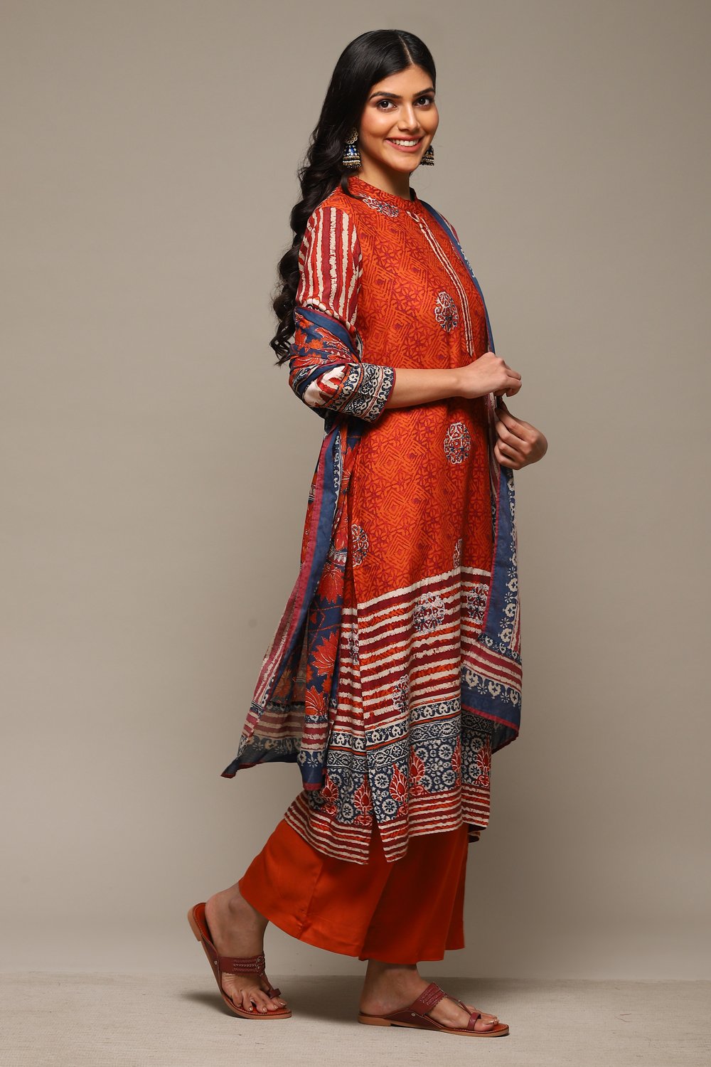 Rust & Indigo Rayon Straight Kurta Palazzo Suit Set image number 6