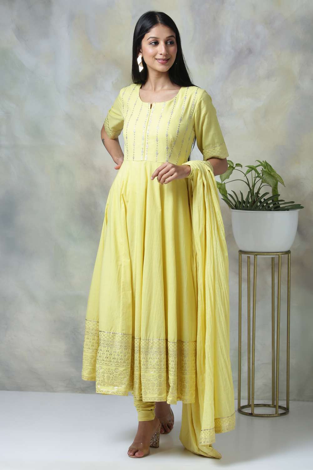 Yellow Cotton Anarkali Suit image number 1