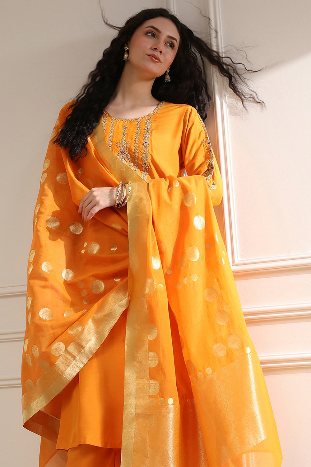 Orange Solid Straight Suit Set image number 0
