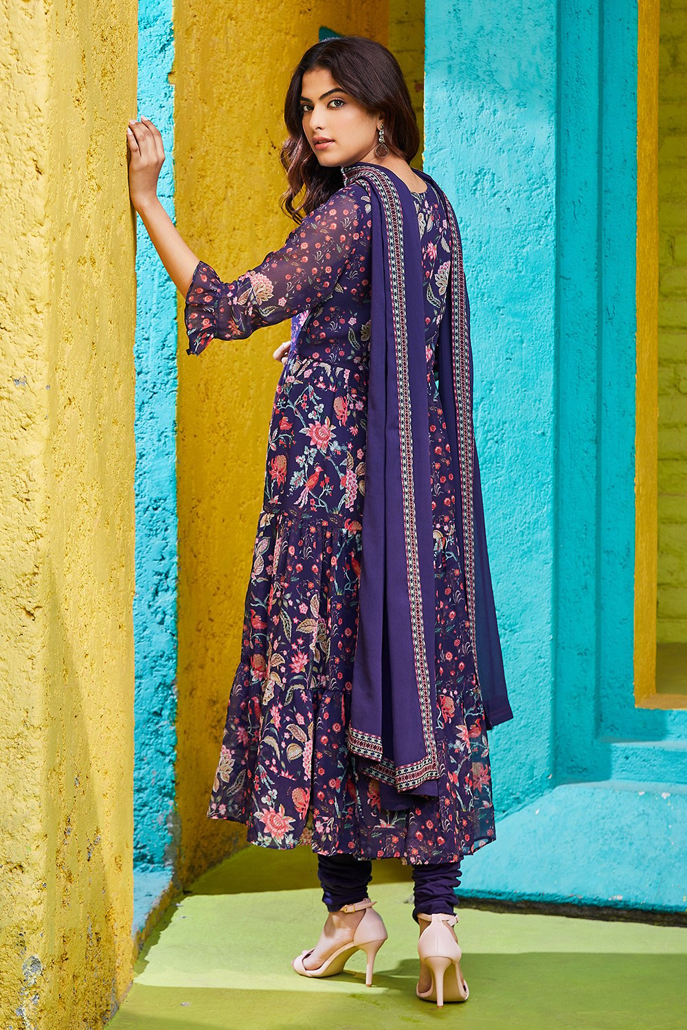 Indigo Polyester Anarkali Suit Set image number 5