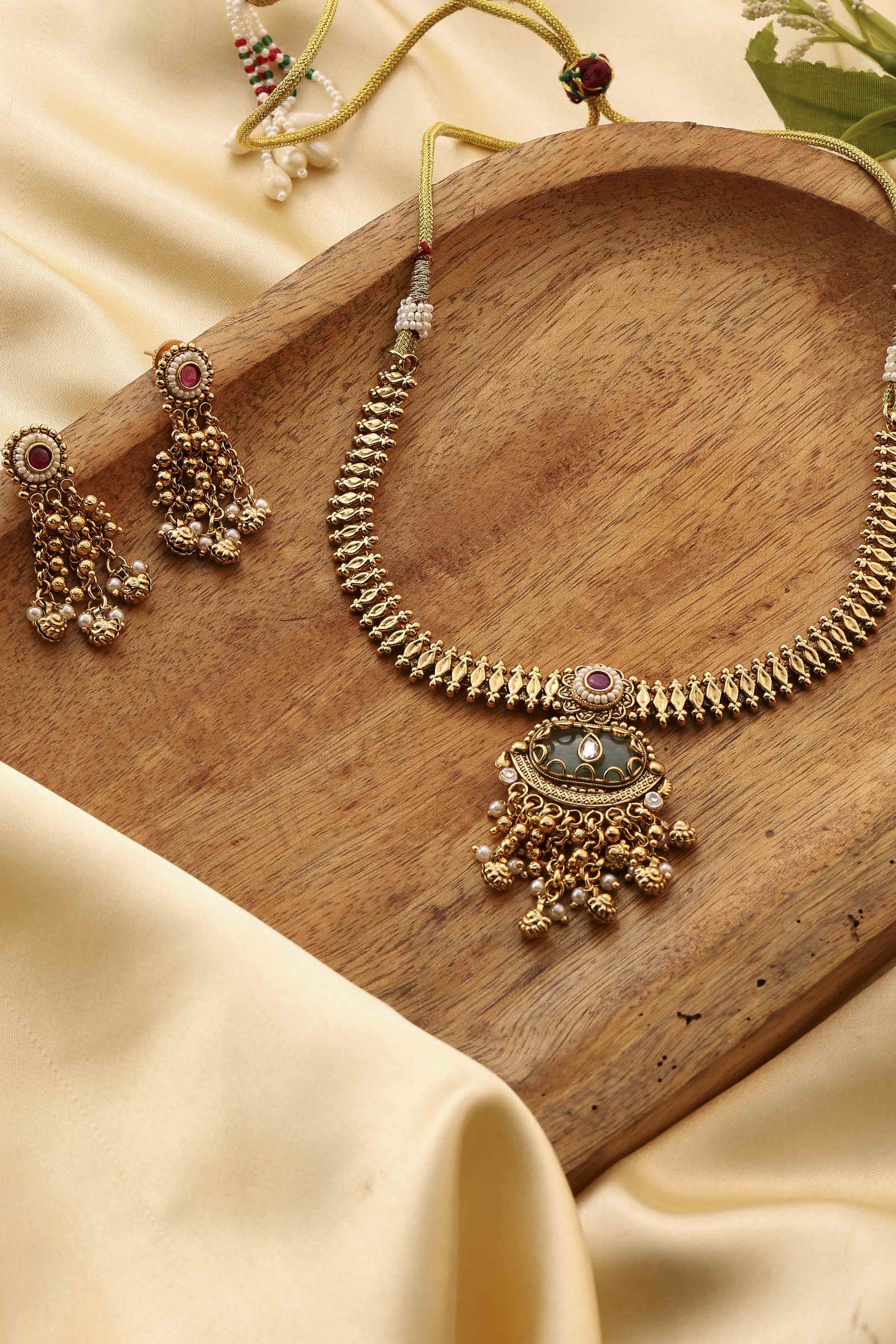 Mint Green Gold-Plated Brass Necklace Set image number 0