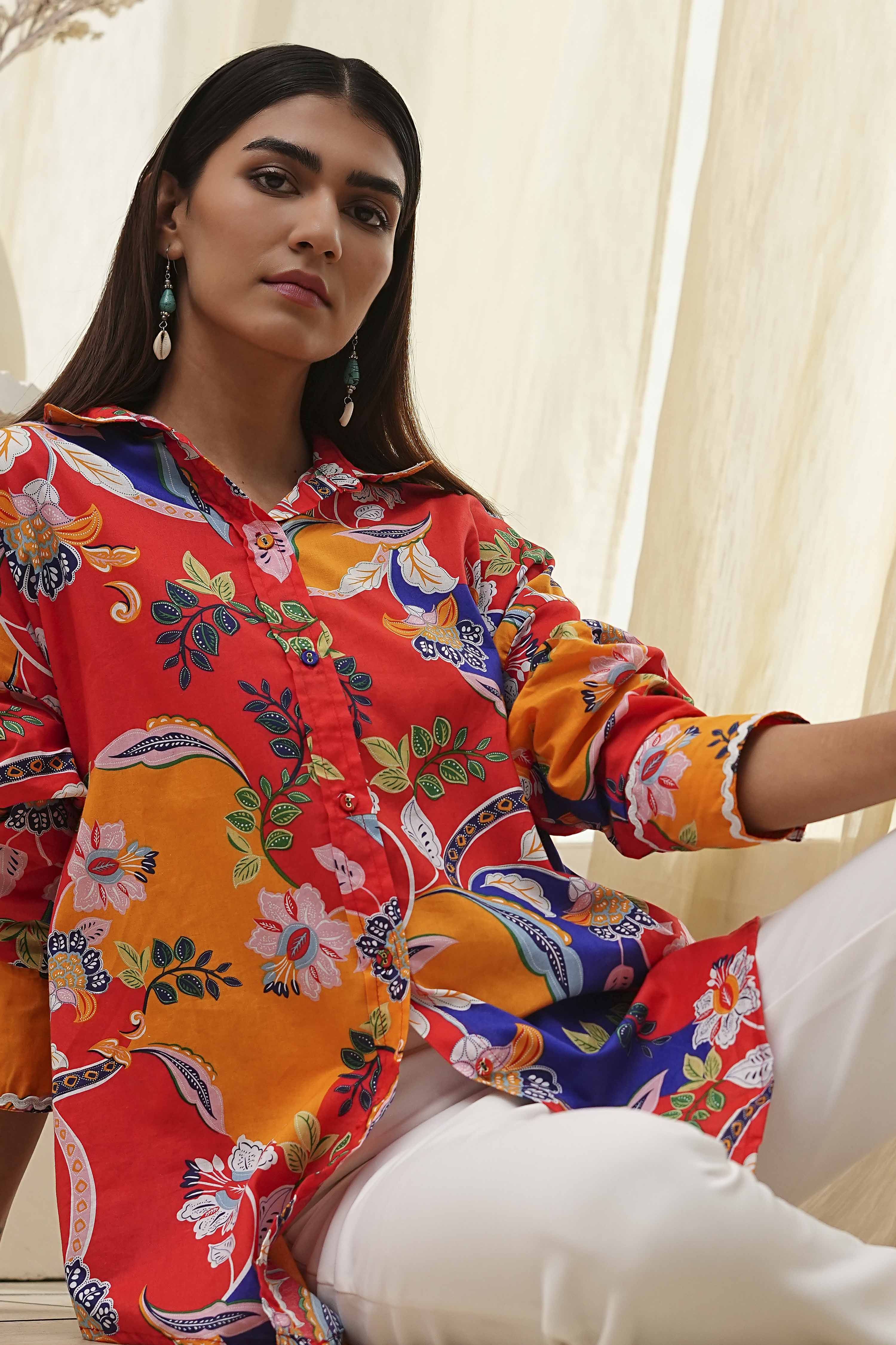 Orange Cotton Floral High-Low Shirt image number 1