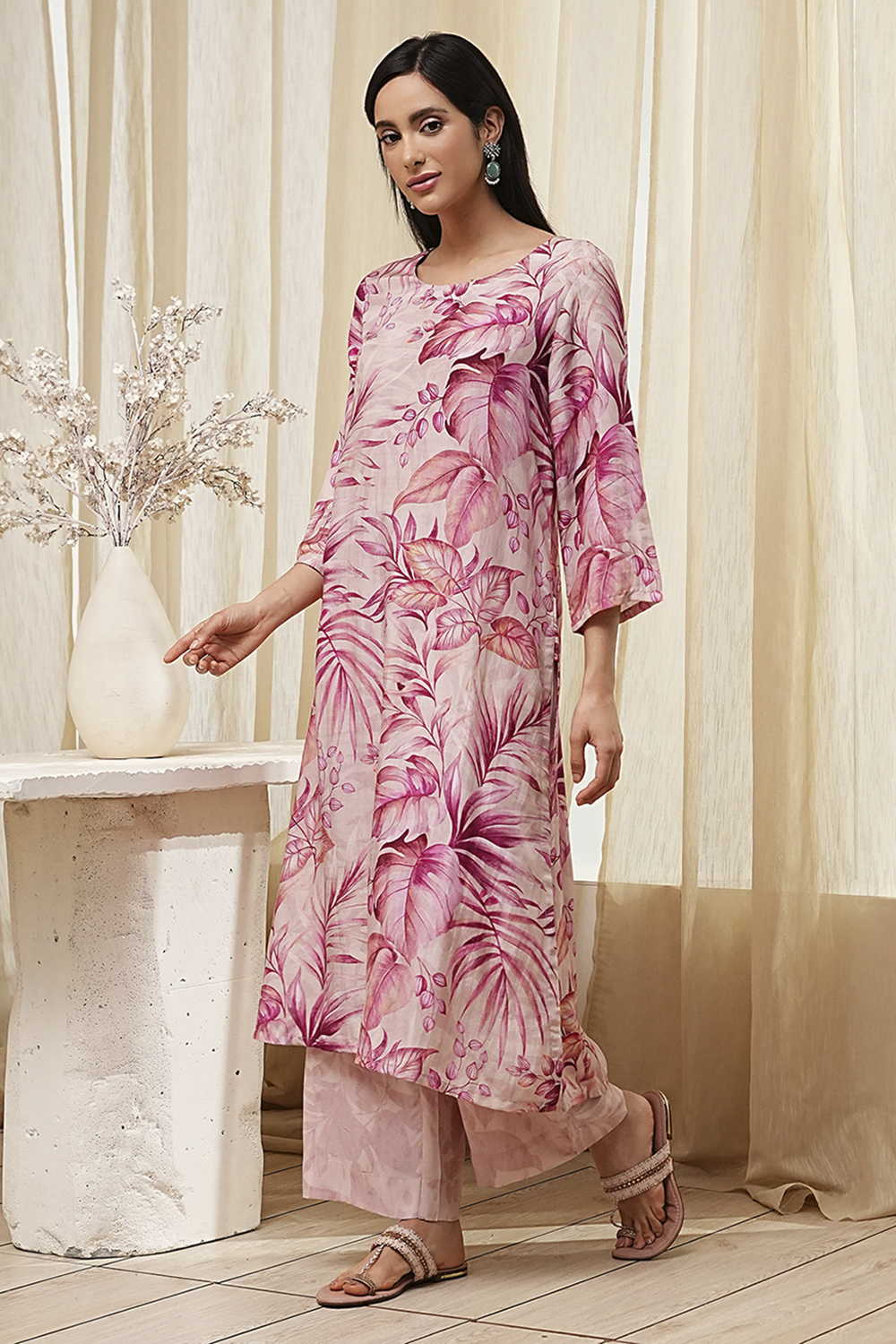 Pink Modal Floral Printed Straight Kurta Set image number 3