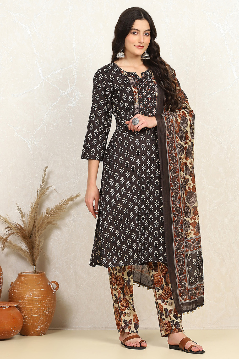 Rust Cotton Unstitched Suit Set image number 6