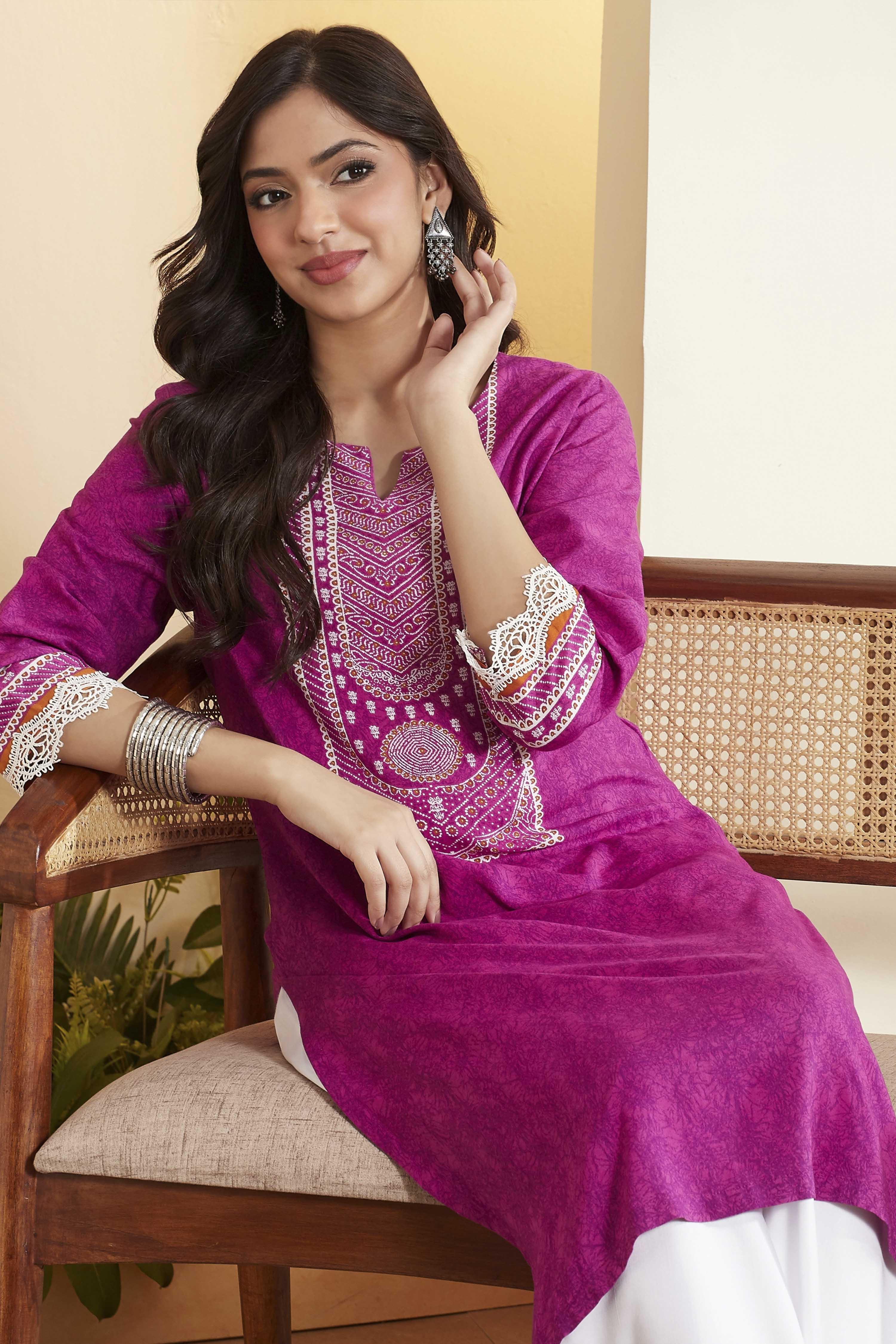 Purple Viscose Rayon Printed Straight Kurta image number 1