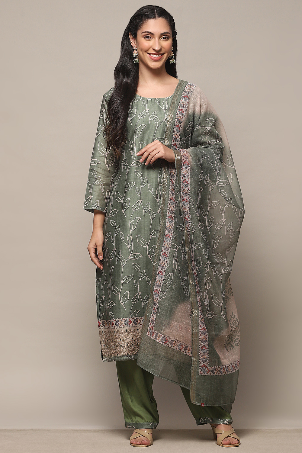 Olive Chanderi Unstitched Suit set image number 8