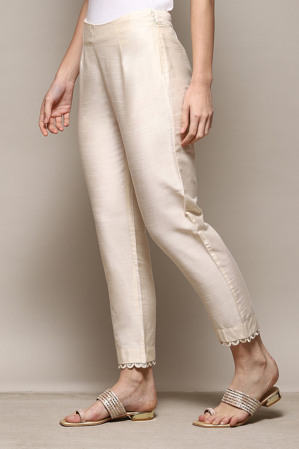 Cream Polyester Slim Yarndyed Pants image number 2
