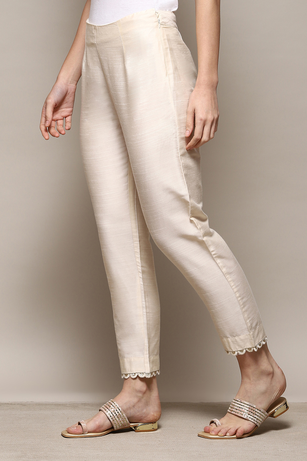 Antique Beige Polyester Slim Yarndyed Pants image number 2