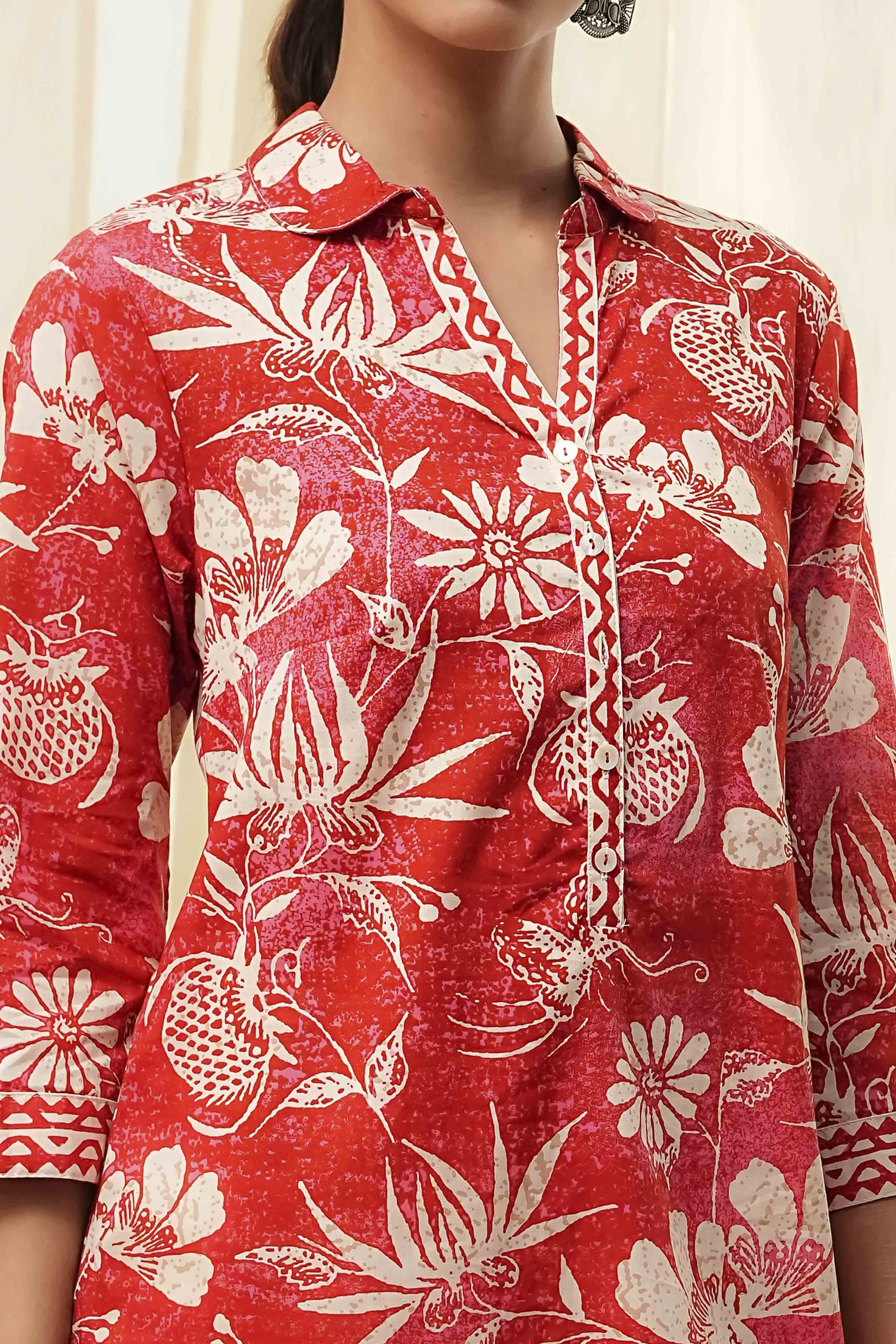 Red Pure Cotton Floral Straight Kurta image number 1