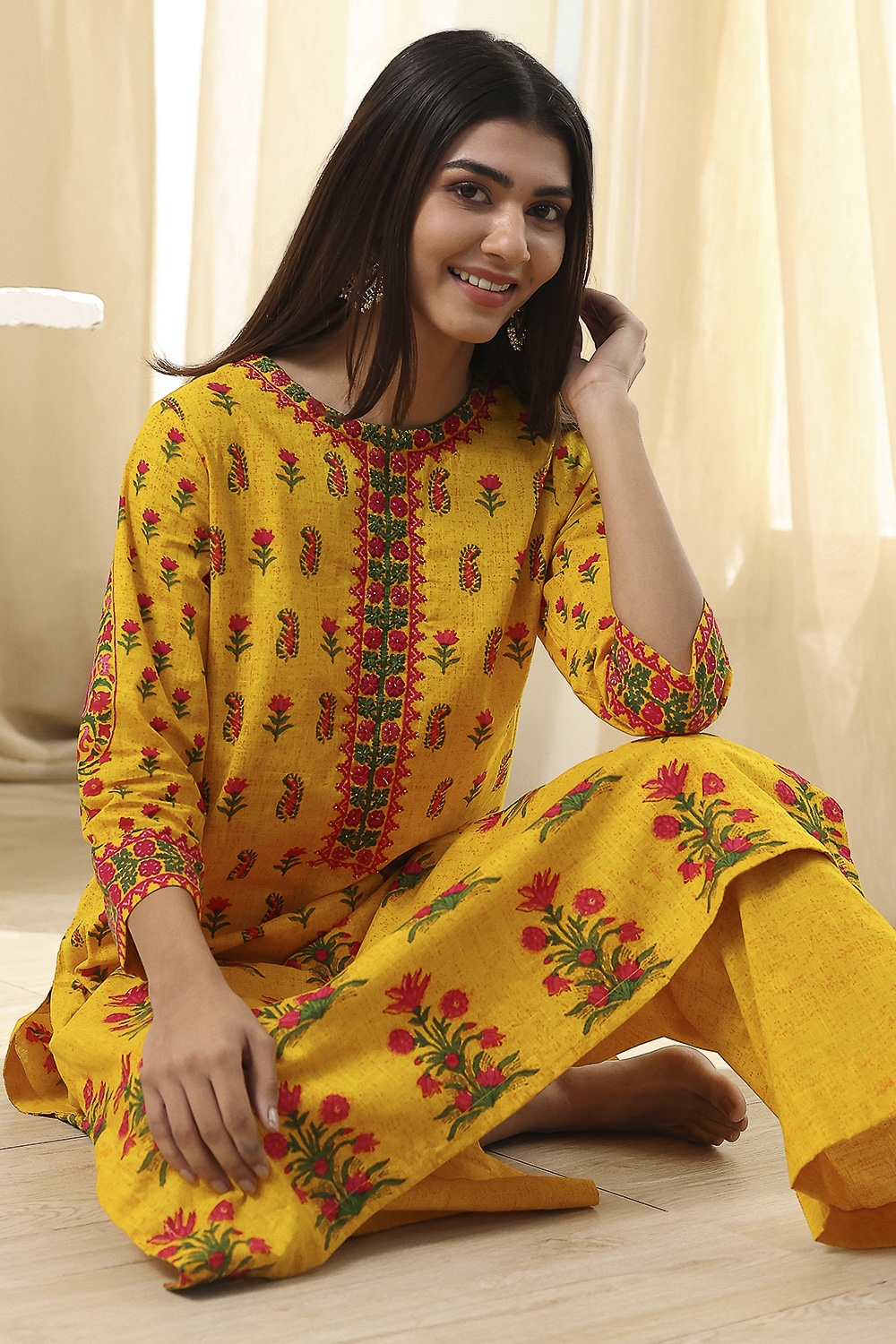 Yellow Pure Cotton Straight Kurta Set image number 0