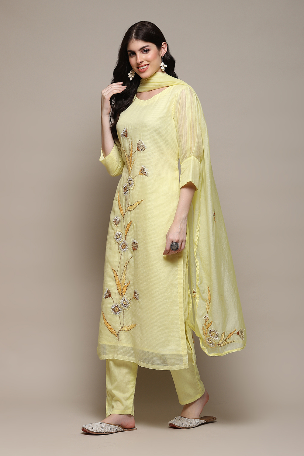 Yellow Cotton Blend Printed Unstitched Suit Set image number 6