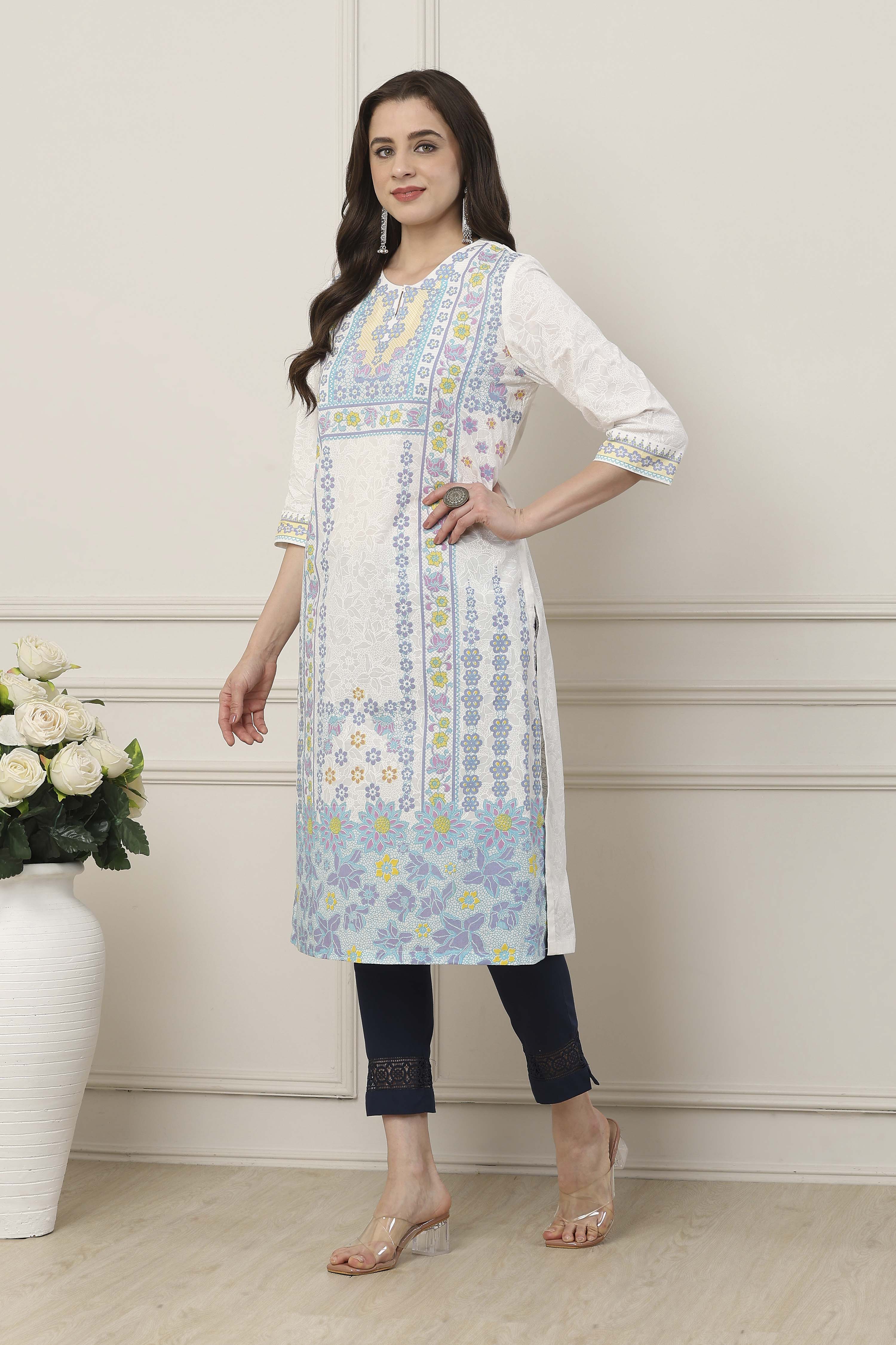 White Cotton Straight Kurta image number 2