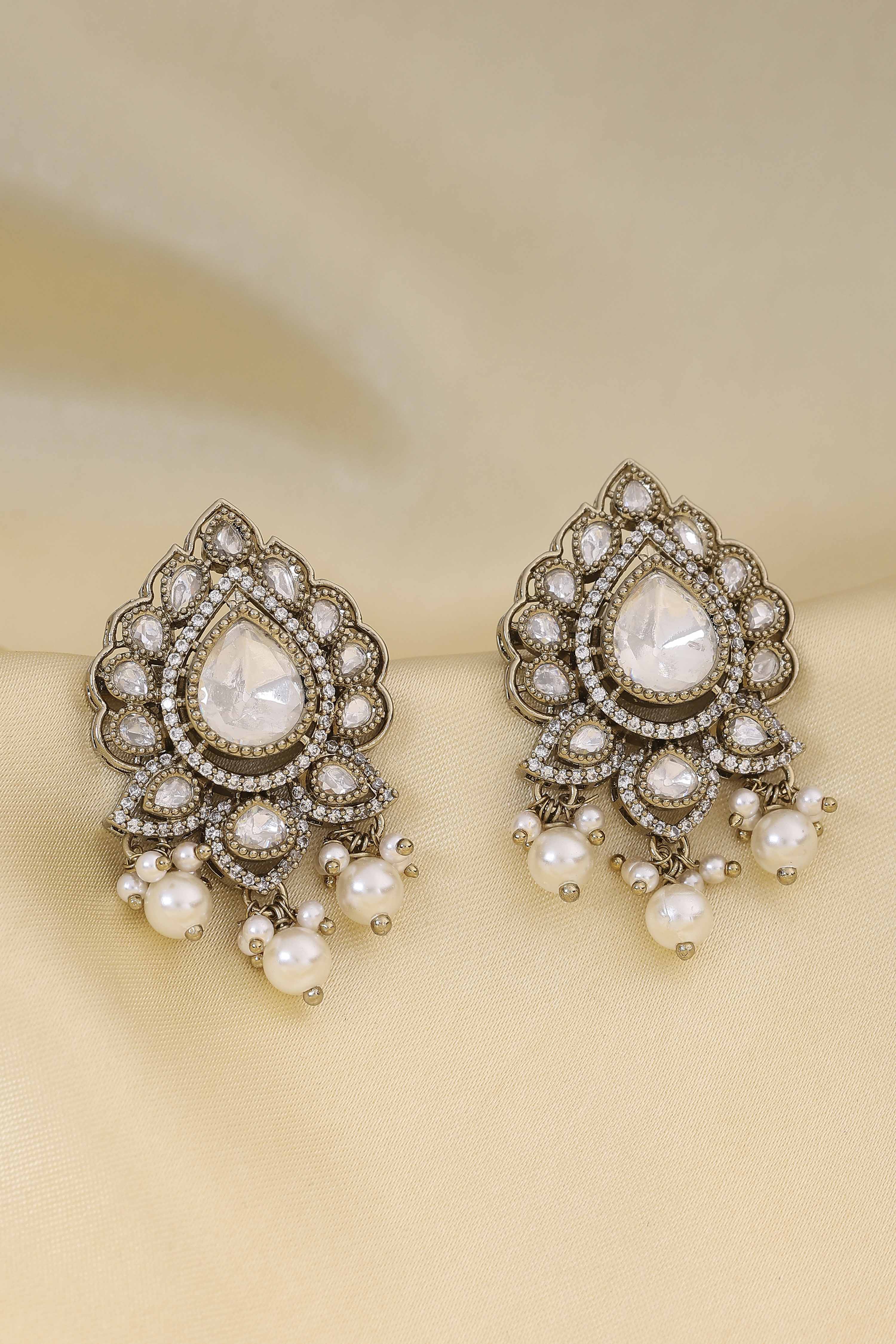 Silver Toned Gold Plated Brass Studded Drop Earrings image number 0