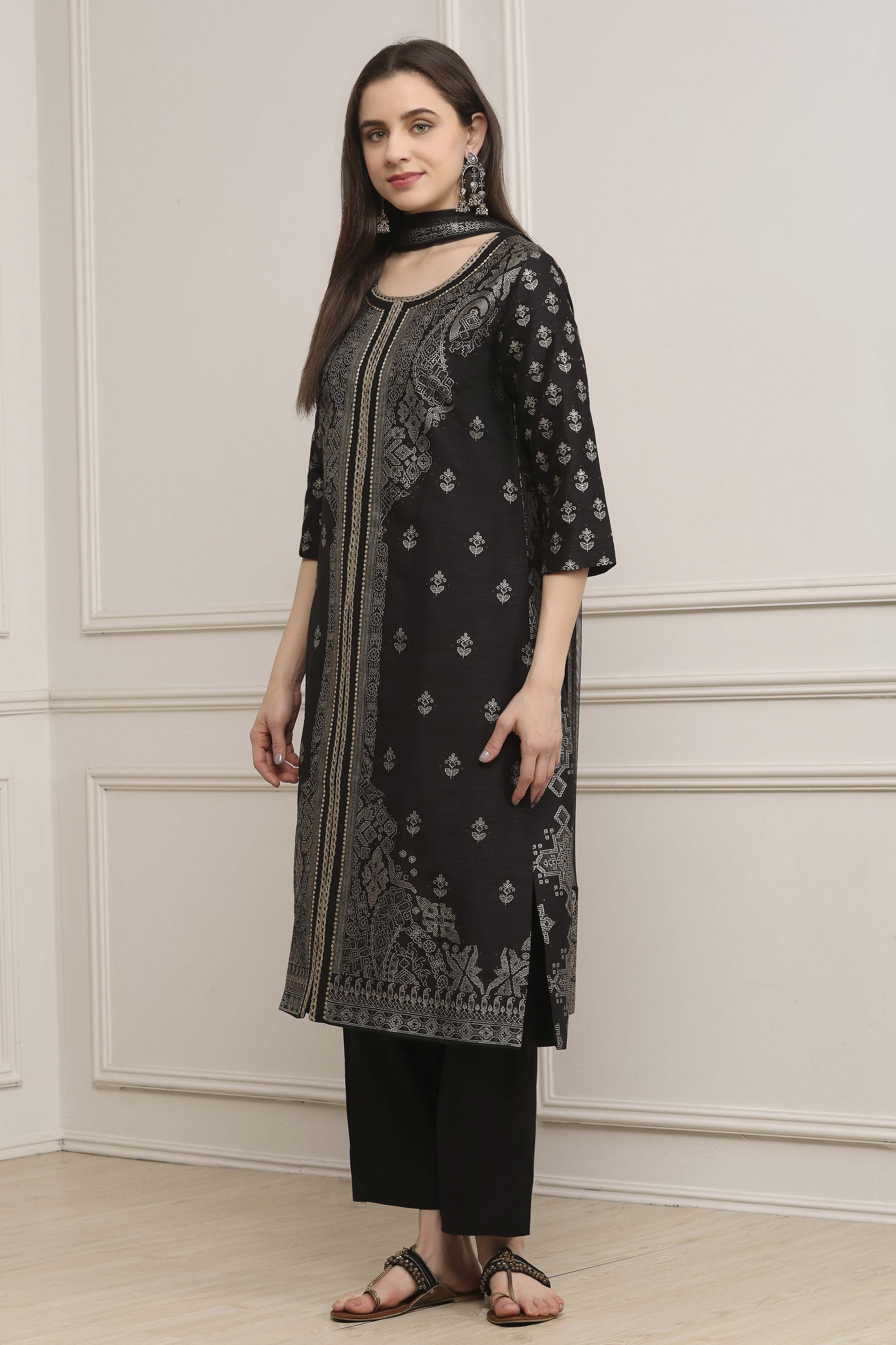 Black Polyester Straight Suit Set image number 3