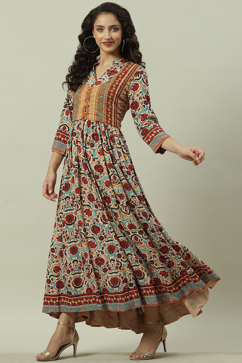 Ecru Rayon Flared Printed Dress image number 3