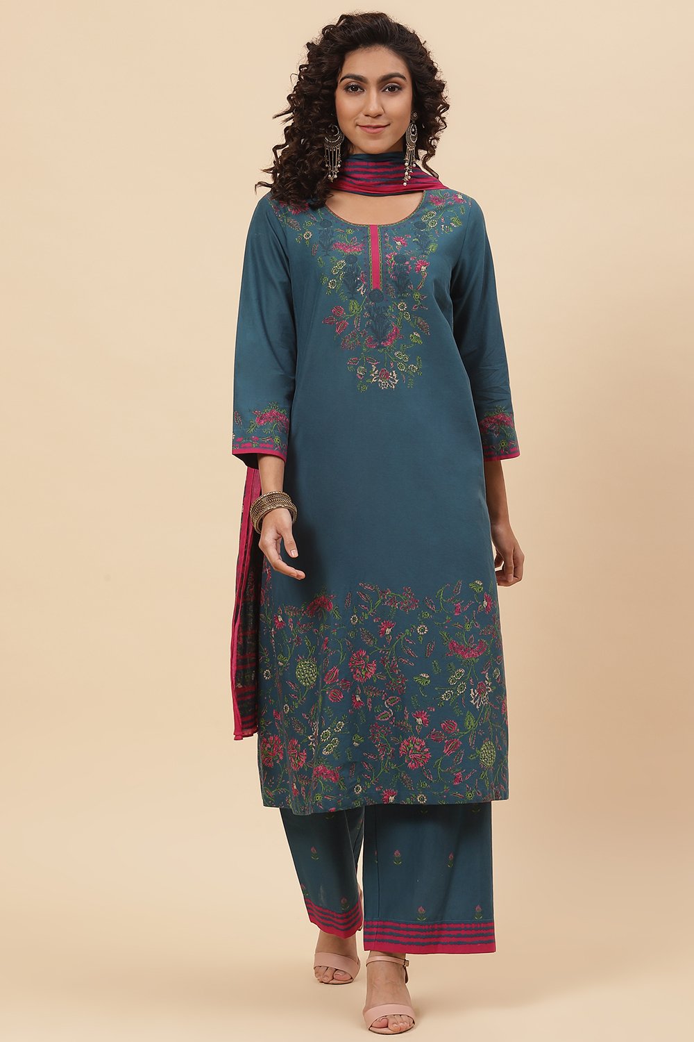 Blue Cotton Straight Kurta Palazzo Suit Set image number 0