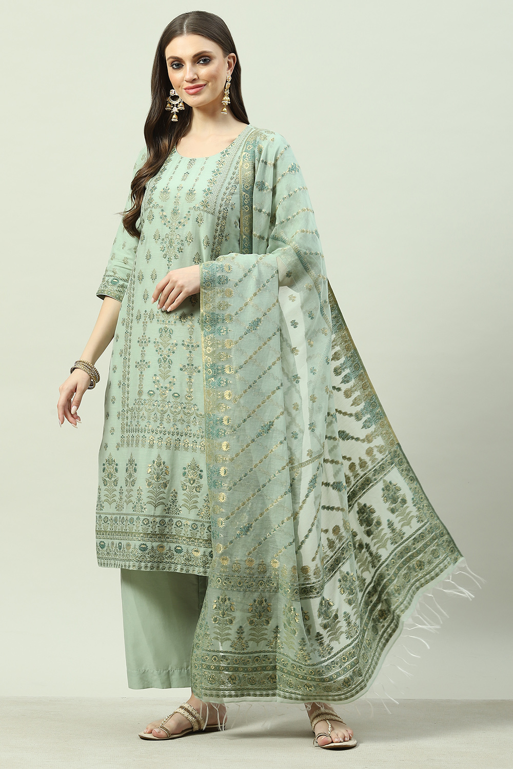 Ecru Art Silk Straight Kurta Palazzo Suit Set image number 0