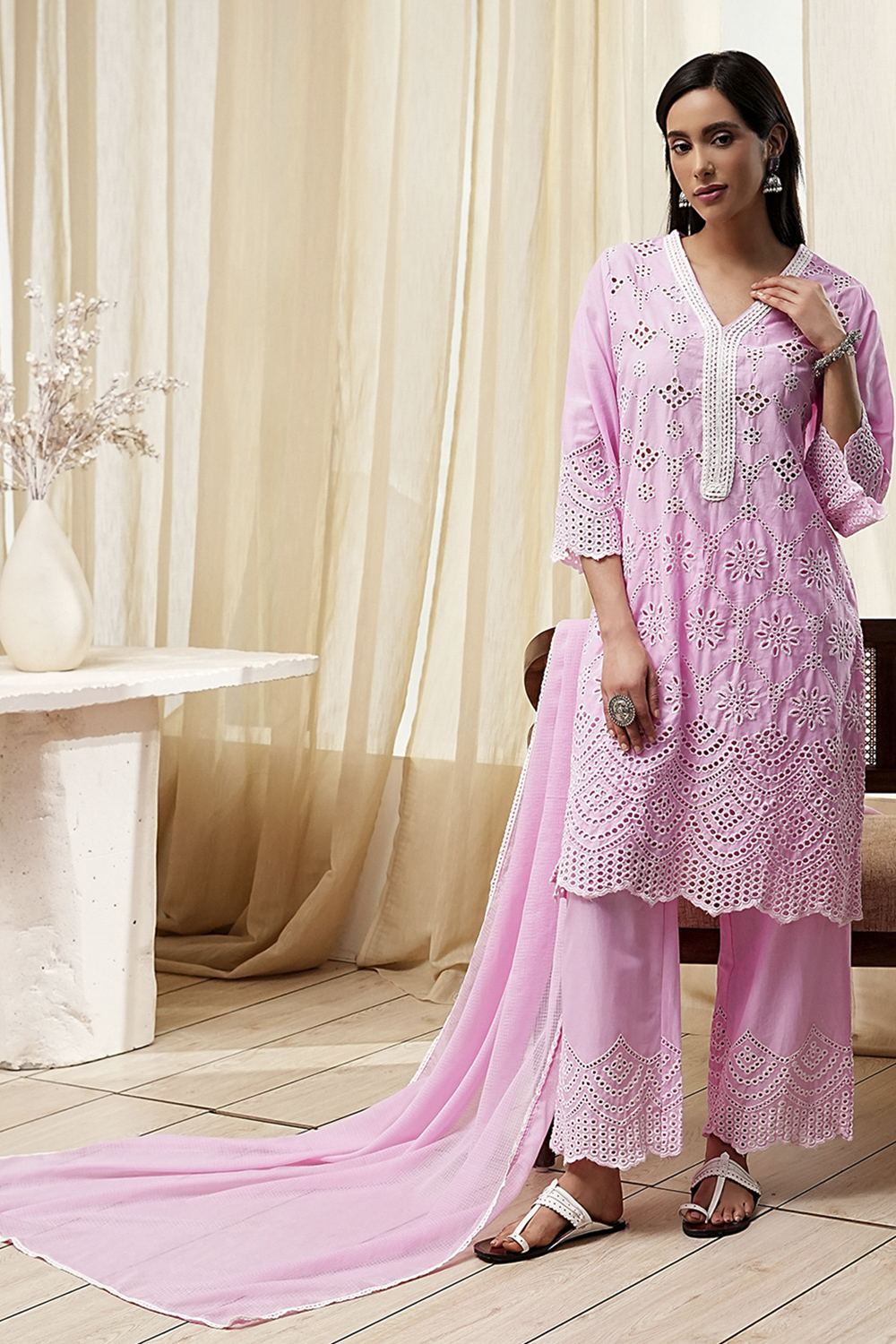 Pink Cotton Schiffli Straight Suit Set image number 0