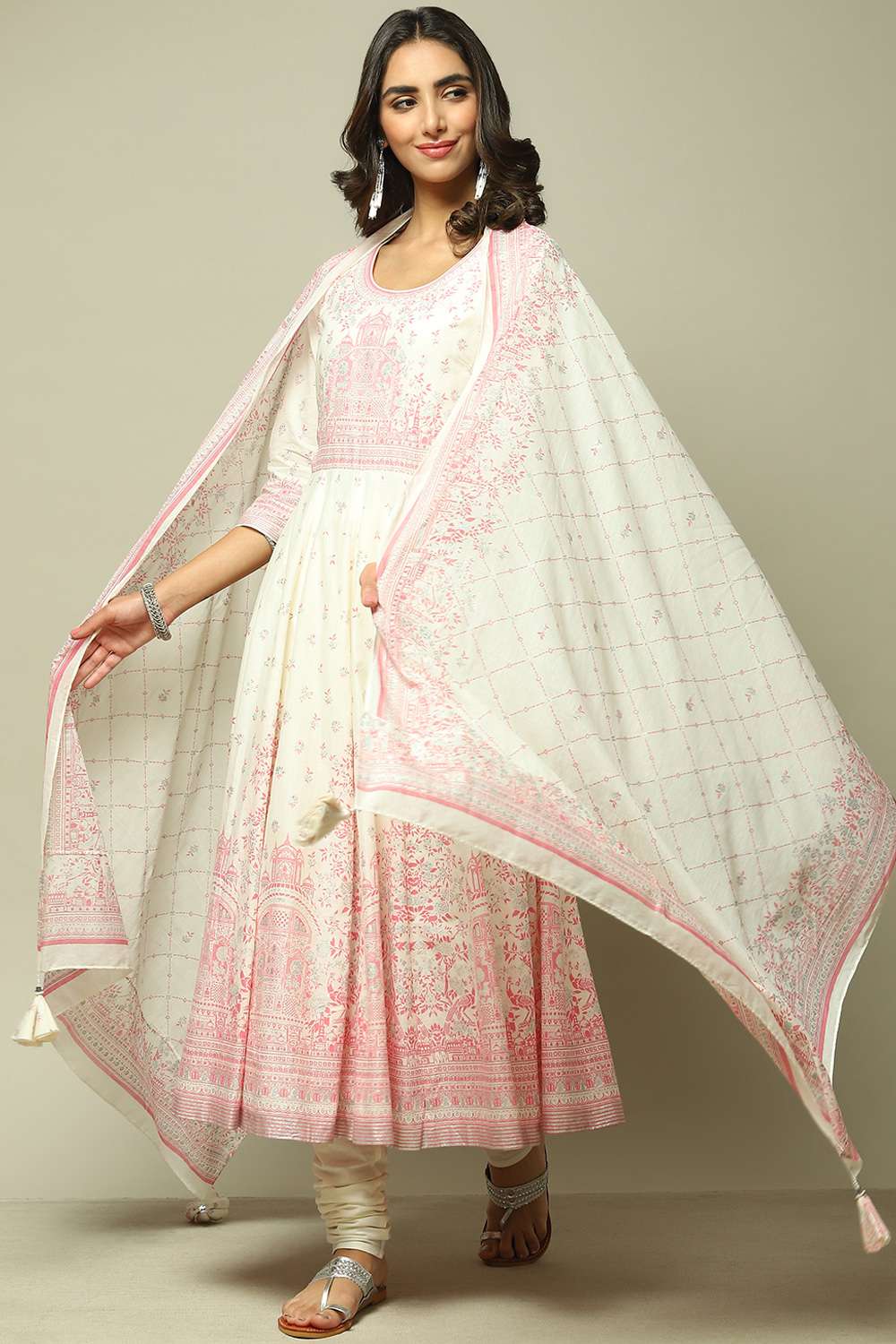 Off White Cotton Anarkali Kurta Churidar Suit Set image number 0