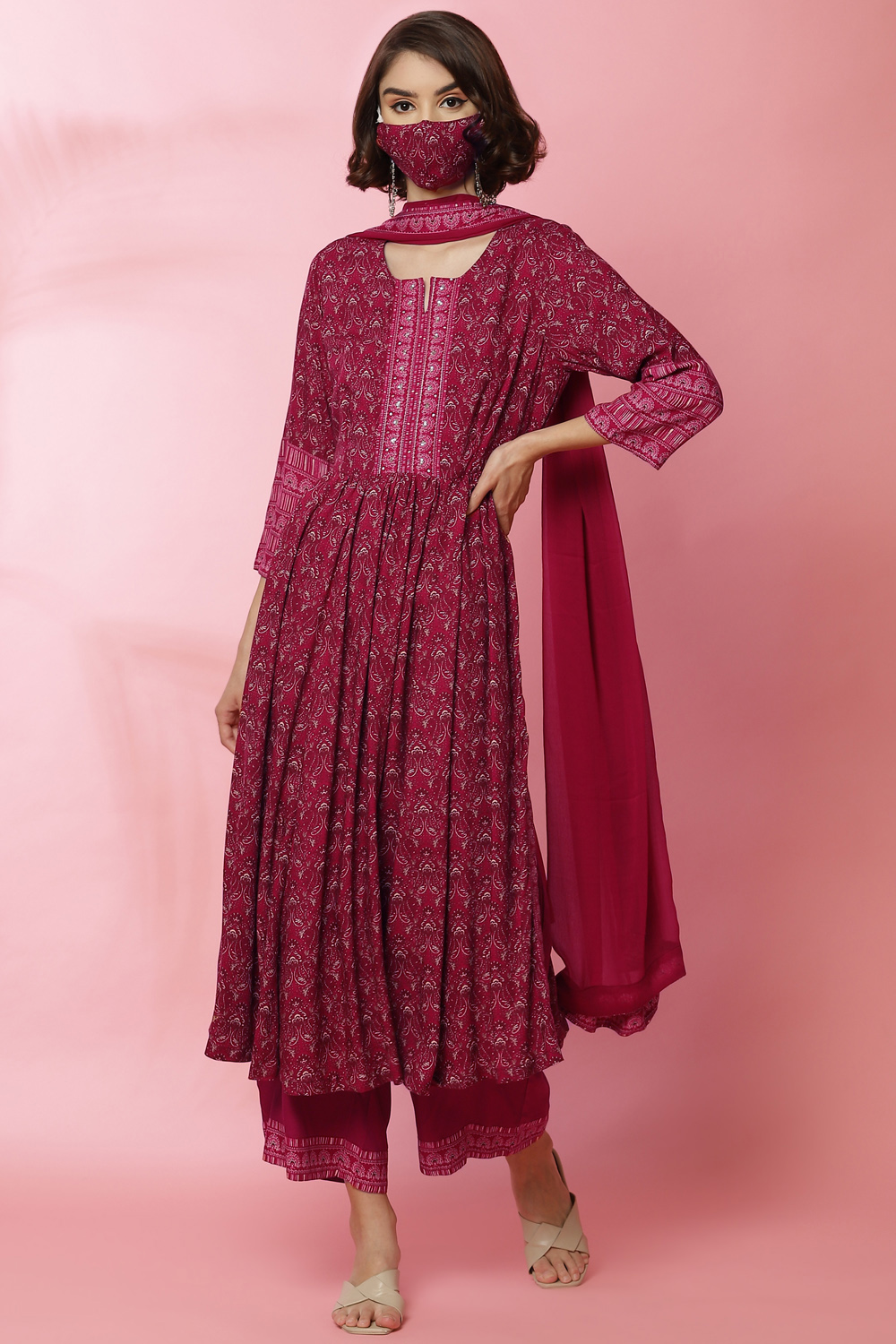 Magenta Rayon Flared Kurta Palazzo Suit Set image number 0