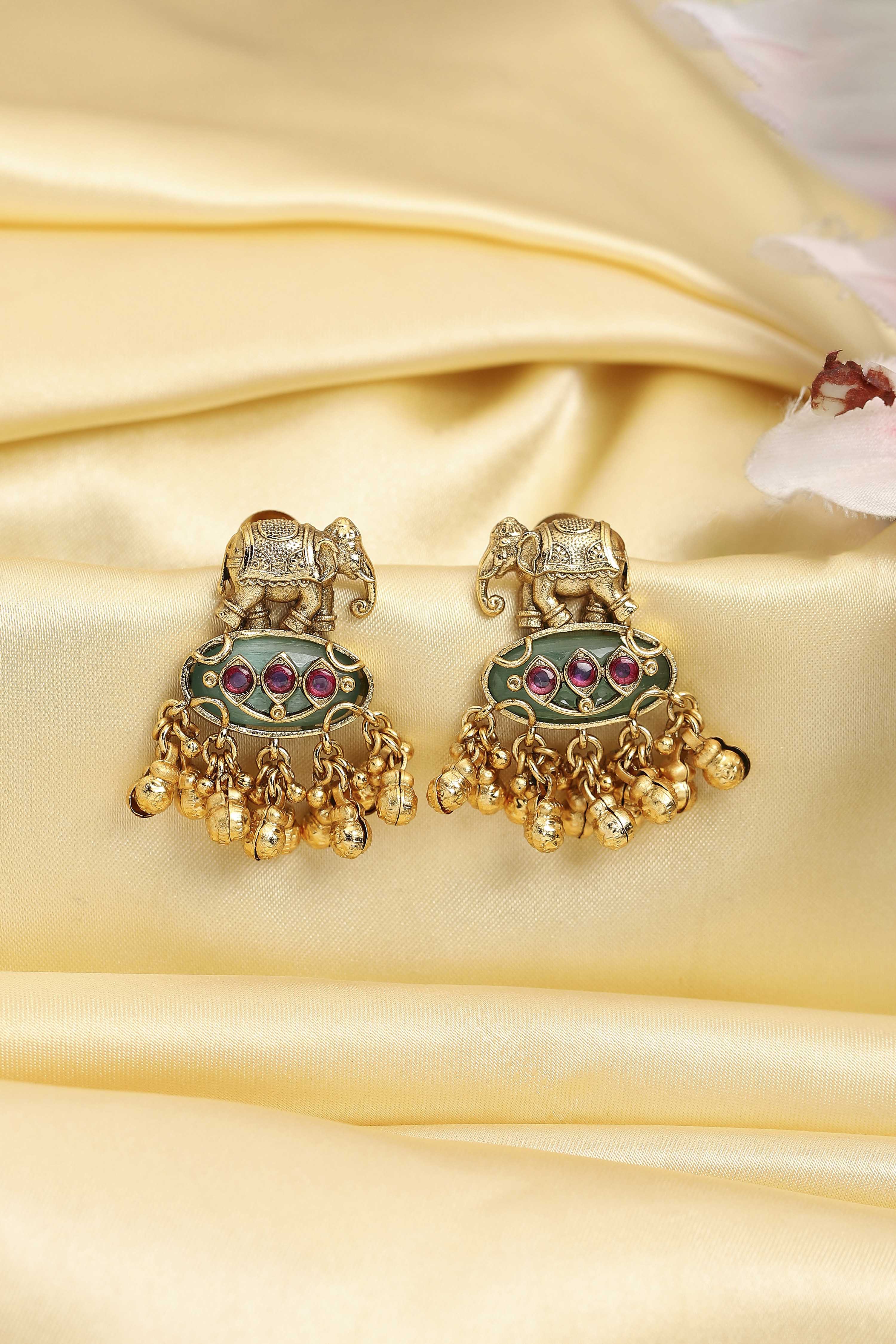 Green Gold Plated Brass Studded Drop Earrings image number 0