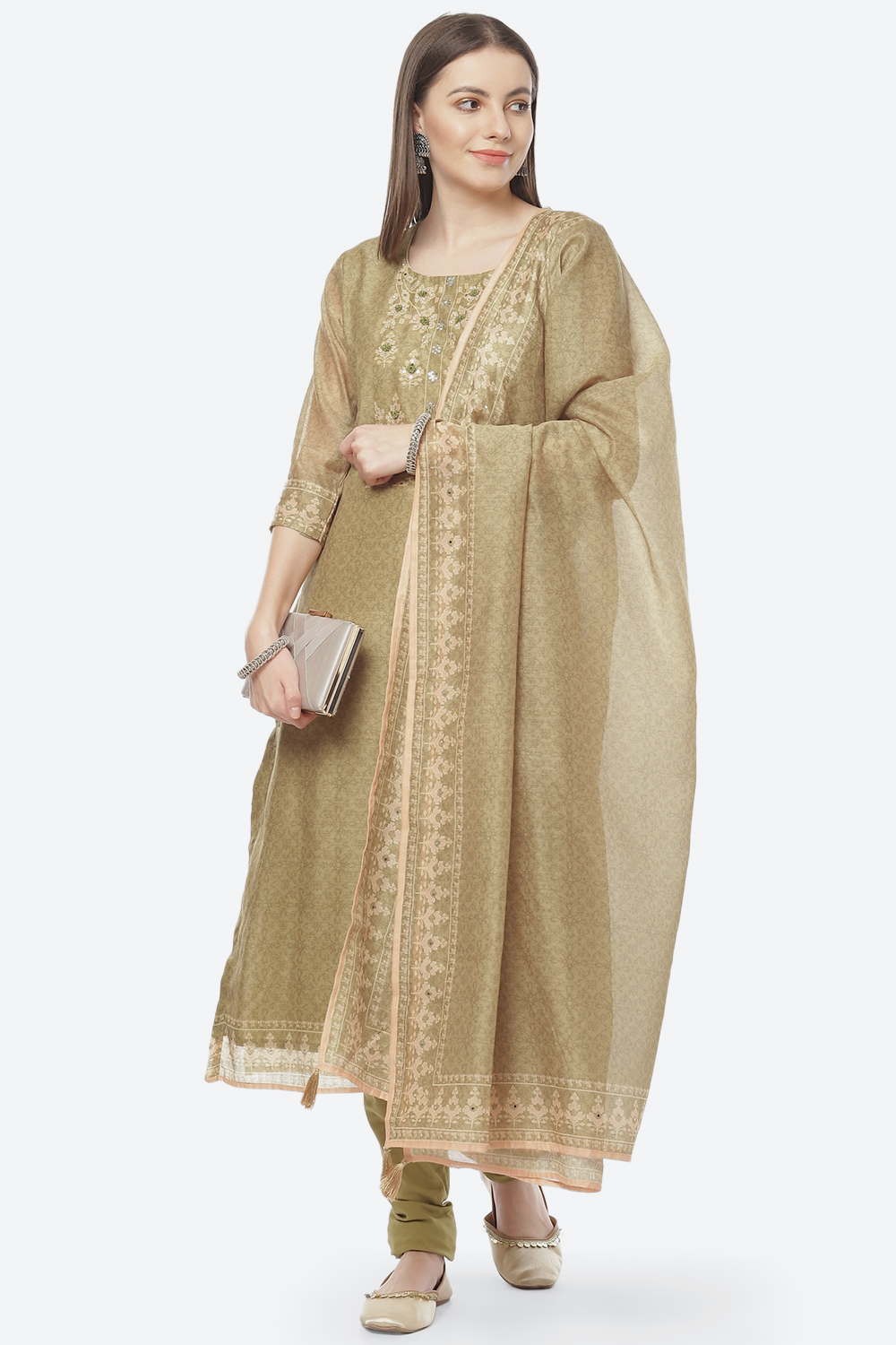 Light Green Cotton Blend Hand Embroidered Unstitched Suit Set image number 7