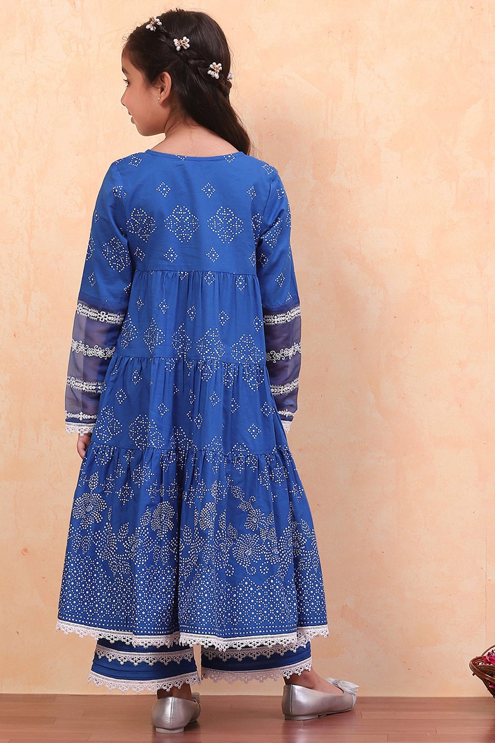 Blue Cotton Printed Flared Festive Tiered Suit Set image number 4
