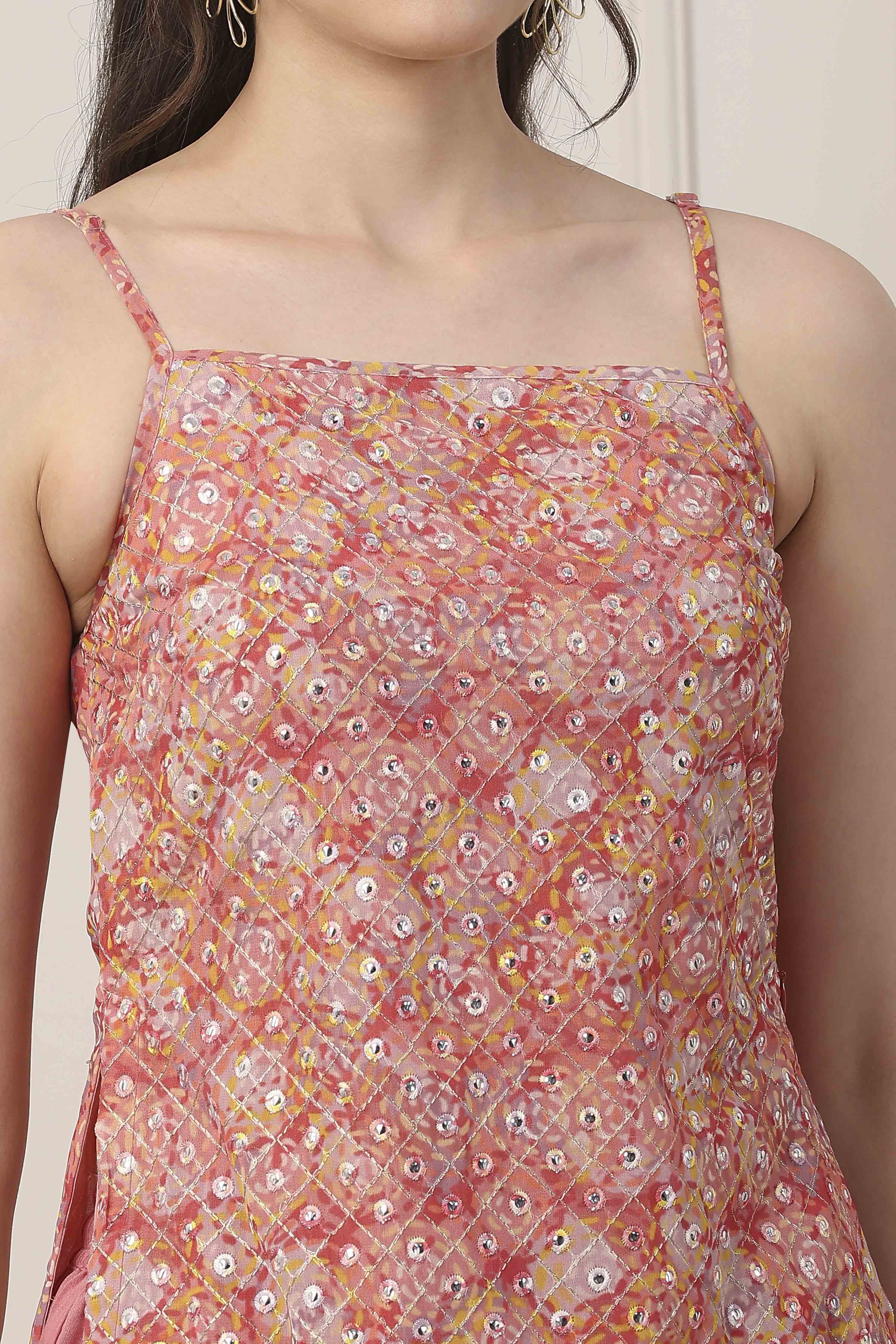 Peach Poly Georgette Floral Thread Work Straight Suit Set image number 1