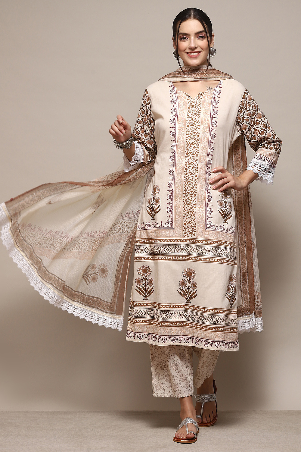 Beige Cotton Machine Embroidered Unstitched Suit Set image number 1