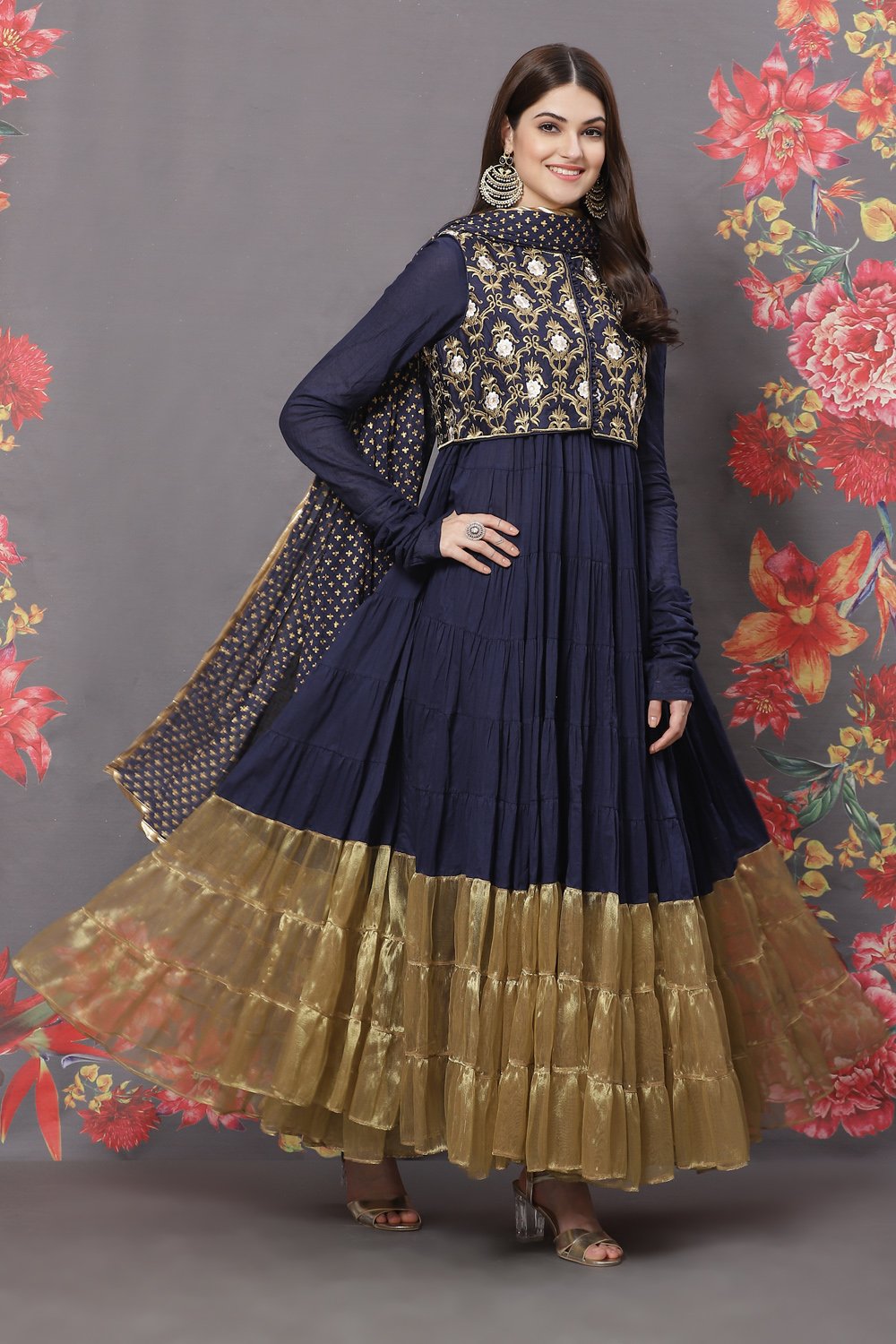 Rohit Bal Navy Blue Cotton Anarkali Solid Suit Set image number 6