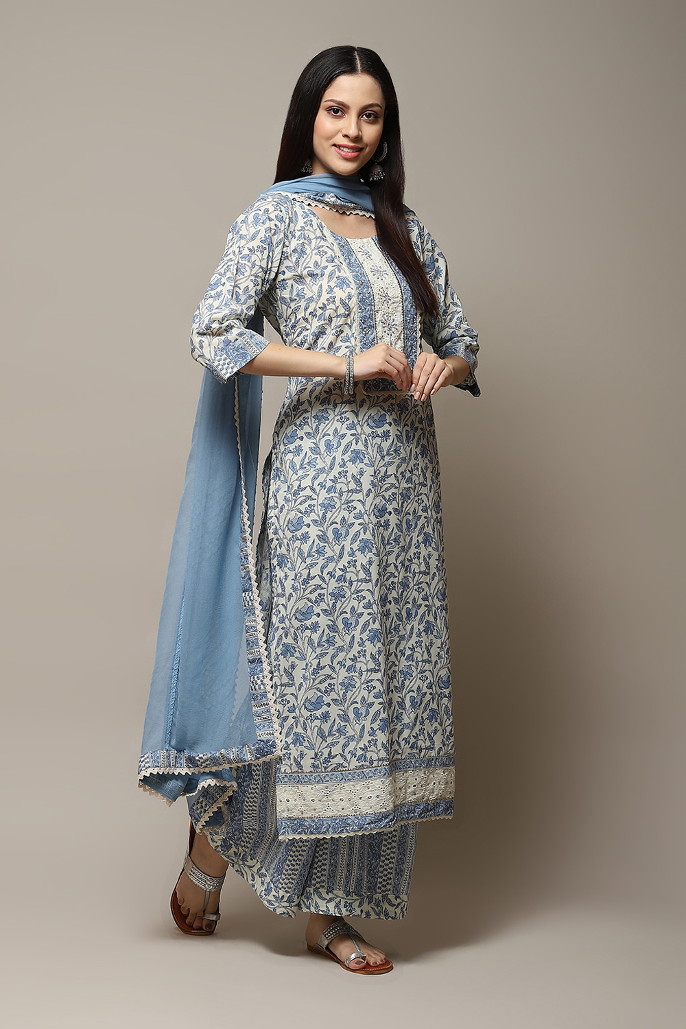 Blue Cotton Printed Unstitched Suit Set image number 7