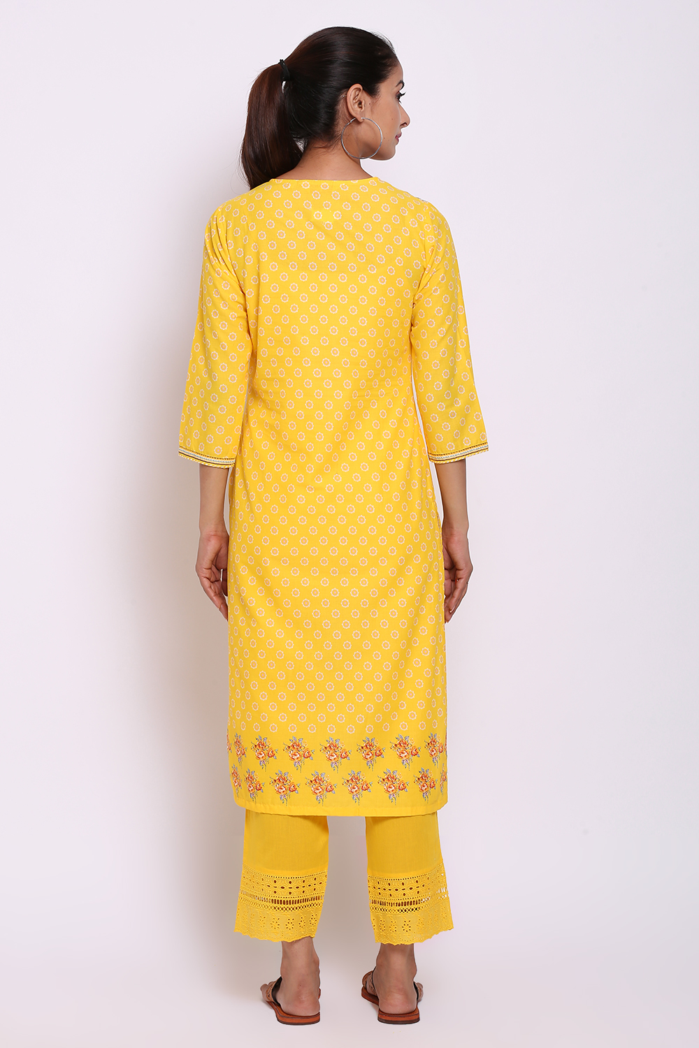 Yellow Cotton Straight Printed Kurta image number 5