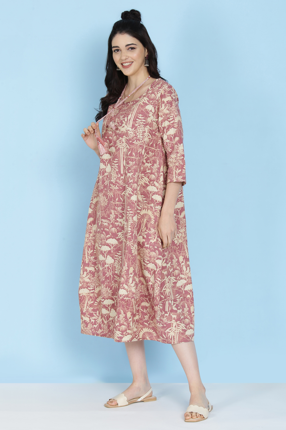 Mauve Cotton Flax Printed Kurta Dress image number 2