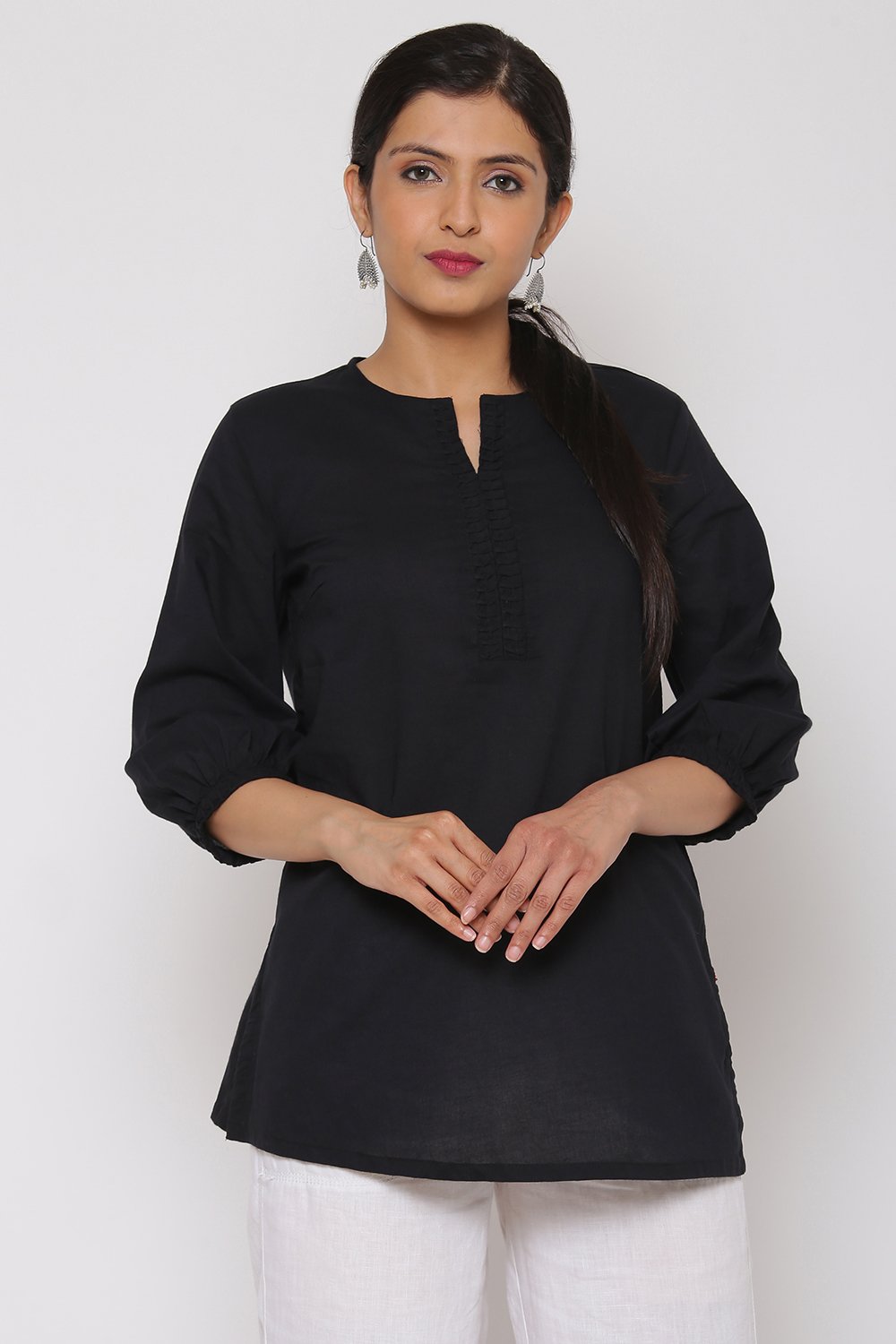 Sky Blue Cotton Short Solid Kurti image number 0