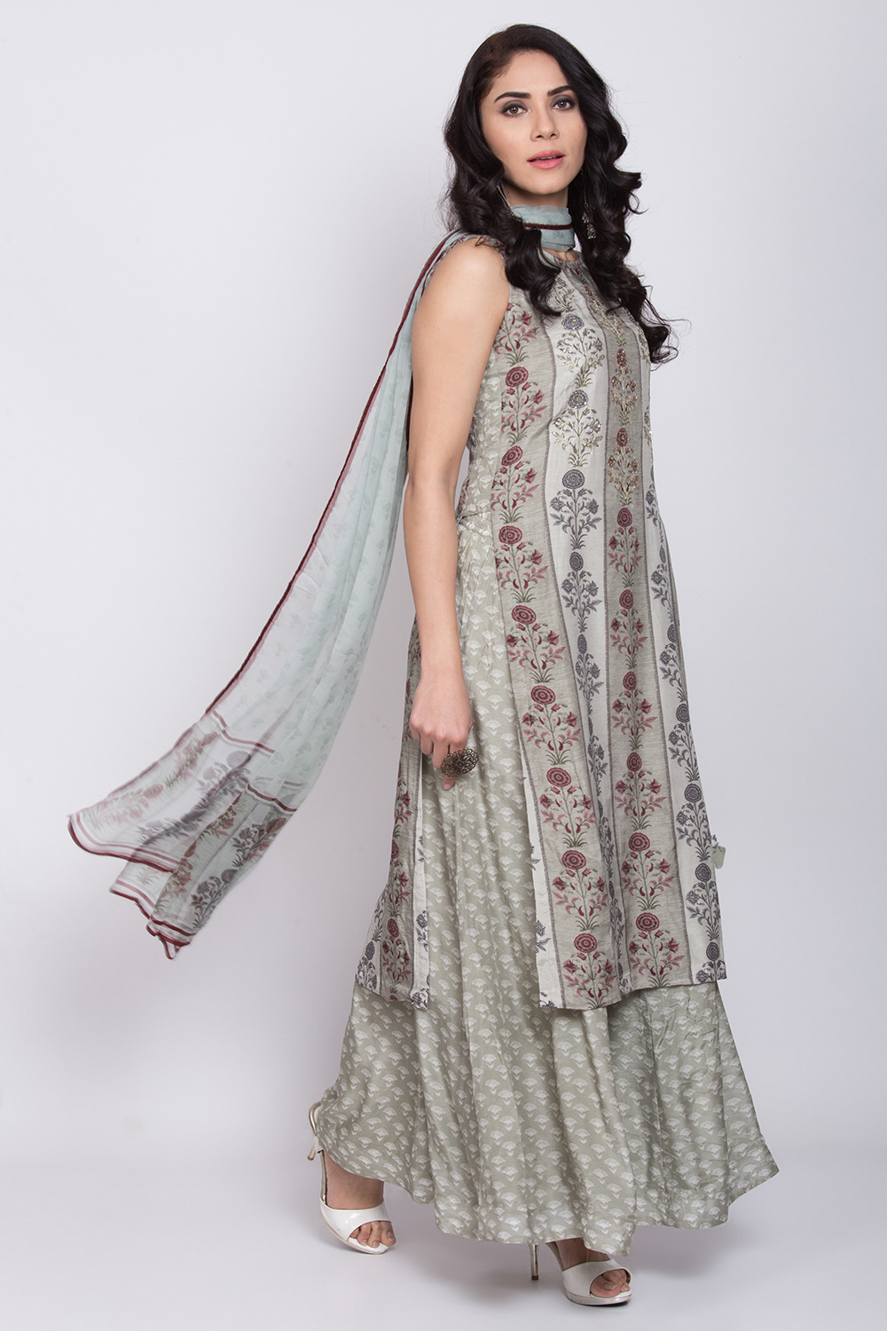 Moss Green Cotton Silk Straight Kurta Sharara Suit Set image number 0