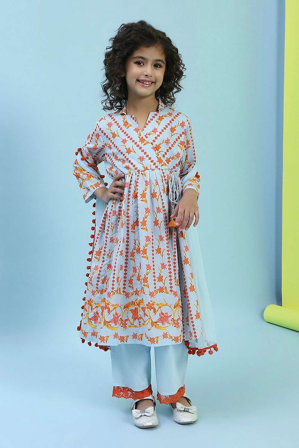 Sky Blue Cotton Front-open Suit Set image number 6
