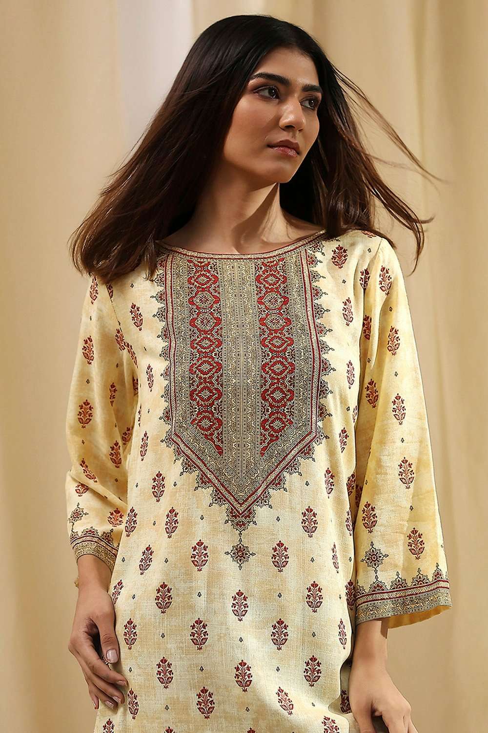 Beige Viscose Printed Straight  Short Kurta image number 1
