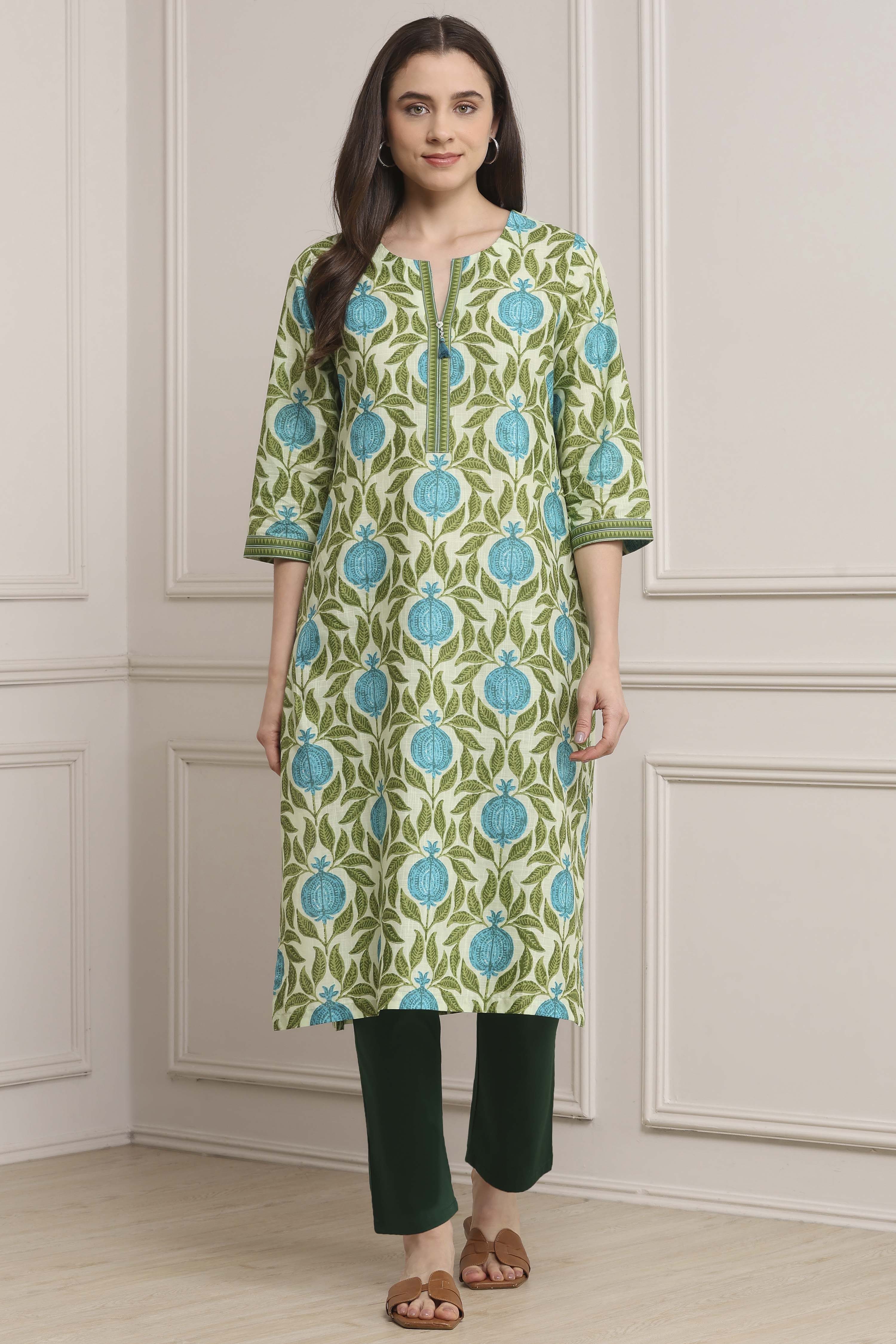Cream-Colored Cotton Printed Straight Kurta image number 0