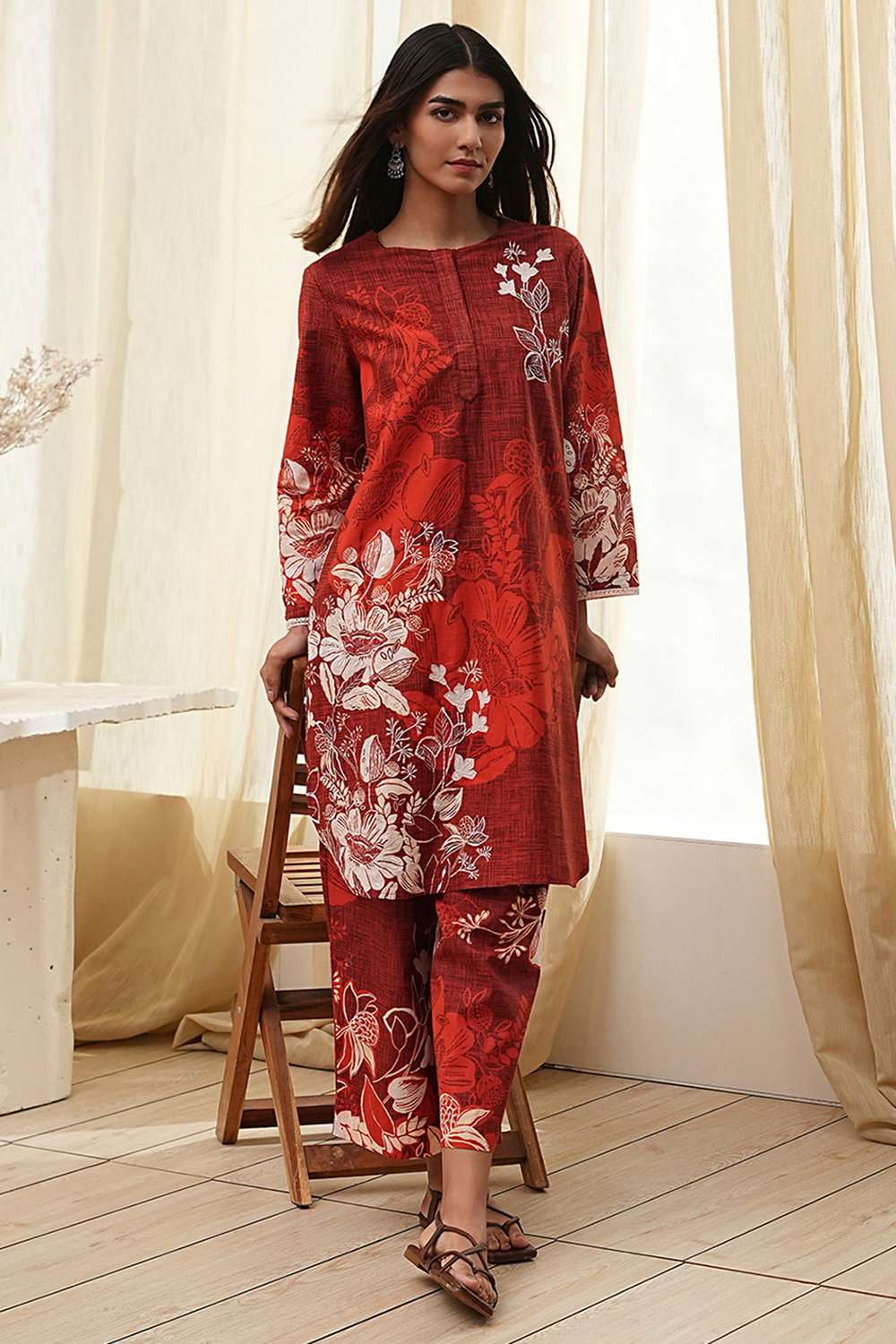 Rust Cotton Floral Straight Kurta Set image number 0